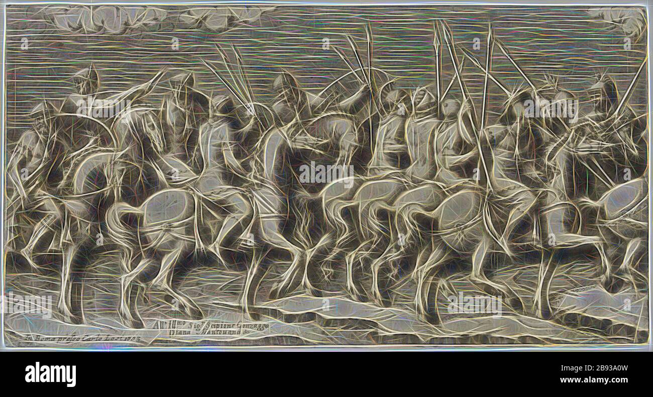 Diana Scultori, Italian, 1535-1587, after Giulio Romano, Italian, 1499-1546, March of Cavalry, 1575, engraving printed in black ink on laid paper, Sheet (trimmed within plate mark): 6 5/8 × 12 5/8 inches (16.8 × 32.1 cm), Reimagined by Gibon, design of warm cheerful glowing of brightness and light rays radiance. Classic art reinvented with a modern twist. Photography inspired by futurism, embracing dynamic energy of modern technology, movement, speed and revolutionize culture. Stock Photo