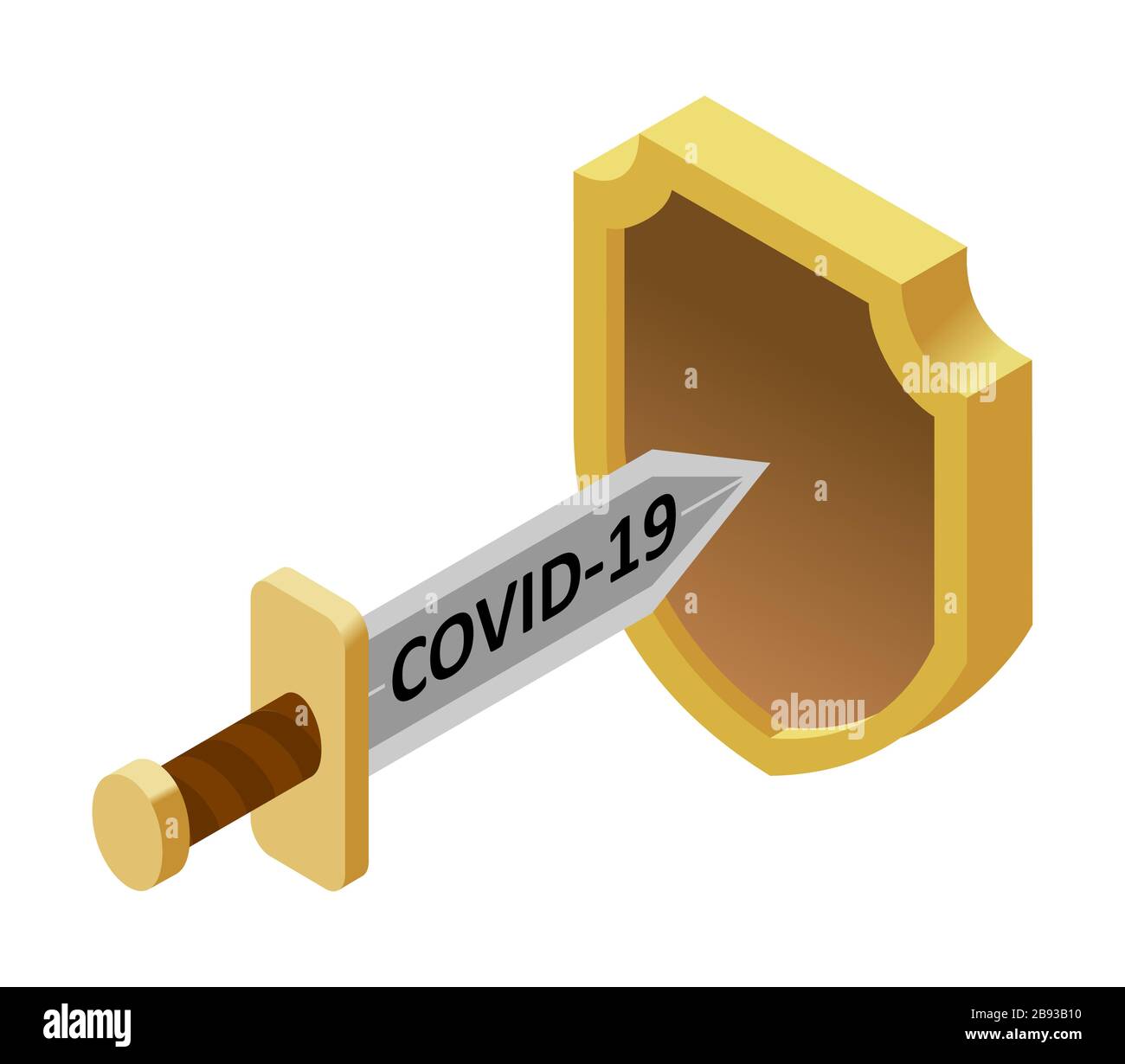 concept of epidemic protection, coronavirus pandemic, covid-19, 2019-nCov. Vector isometric shield restrains, stops the sword with the inscription Cov Stock Vector