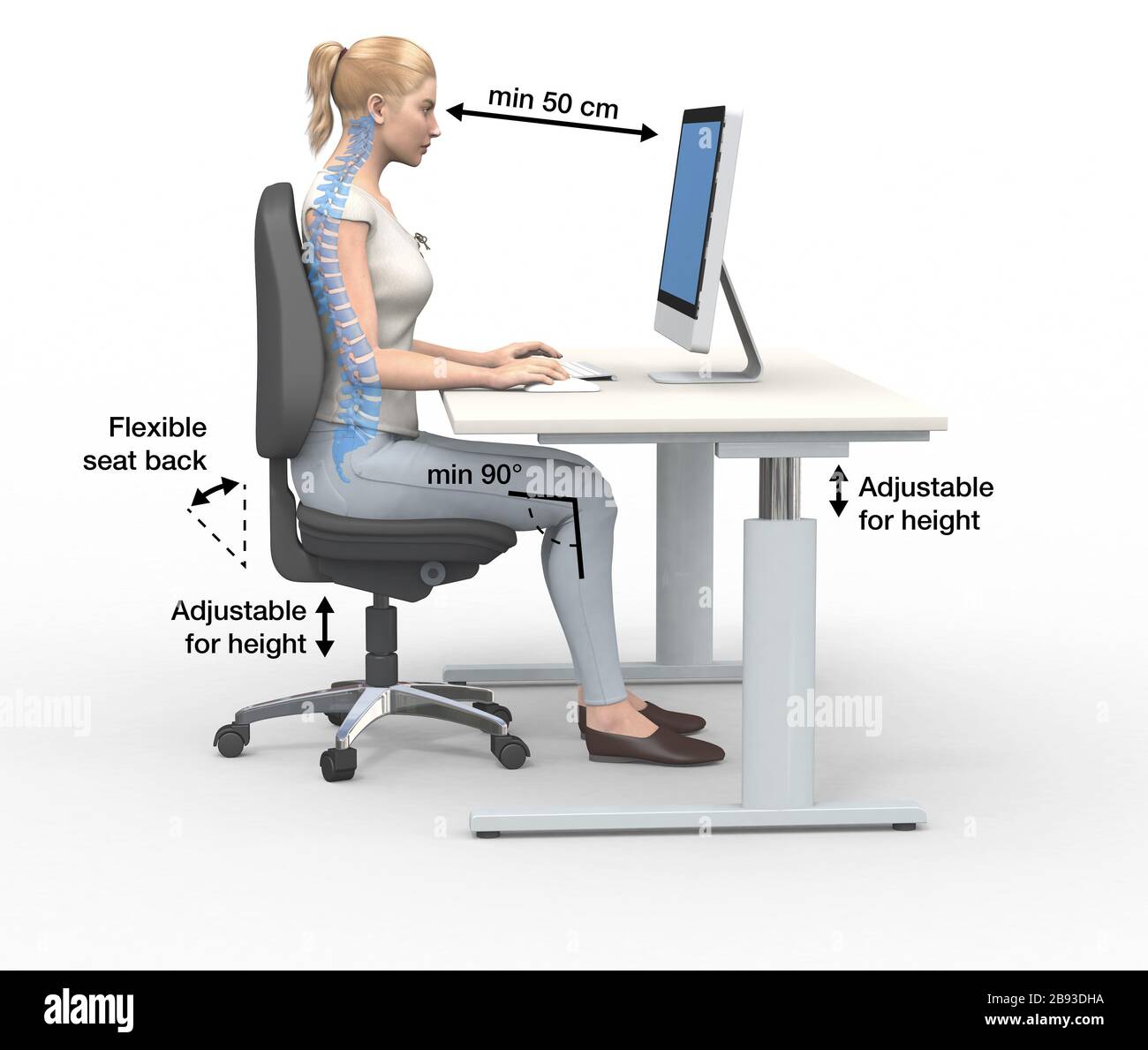 3D illustration showing woman in correct sitting position in workplace with desktop Stock Photo