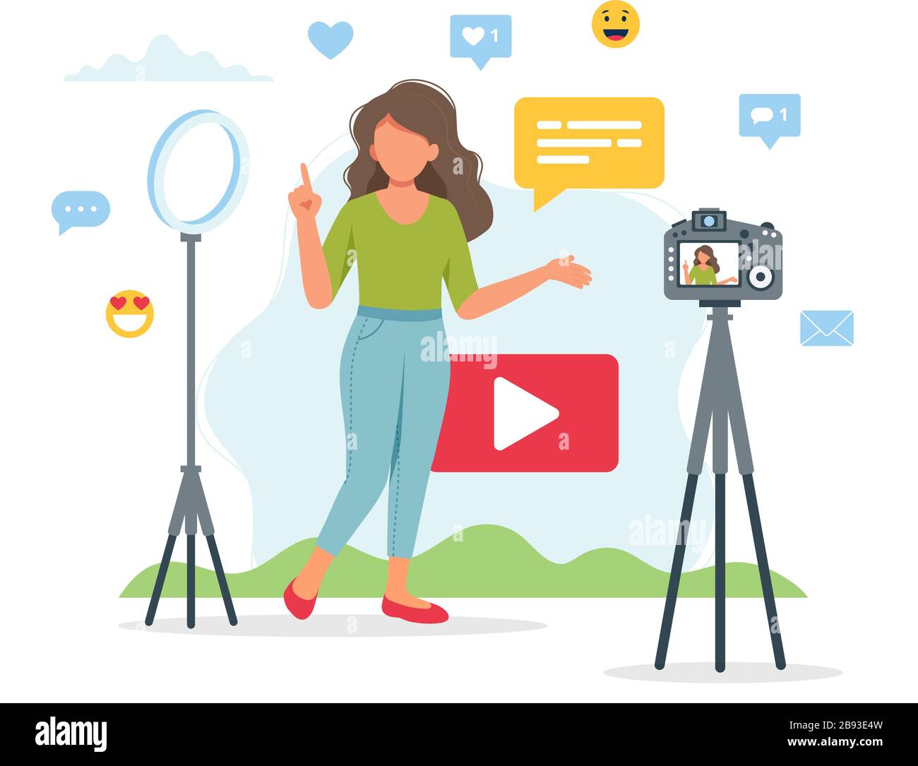 Female video blogger recording video with camera and light. Different social media icons. Cute vector illustration in flat style Stock Vector Image & Art - Alamy Female video blogger recording video with camera and light. Different social media icons. Cute vector illustration in flat style Stock Vector Image & Art - Alamy