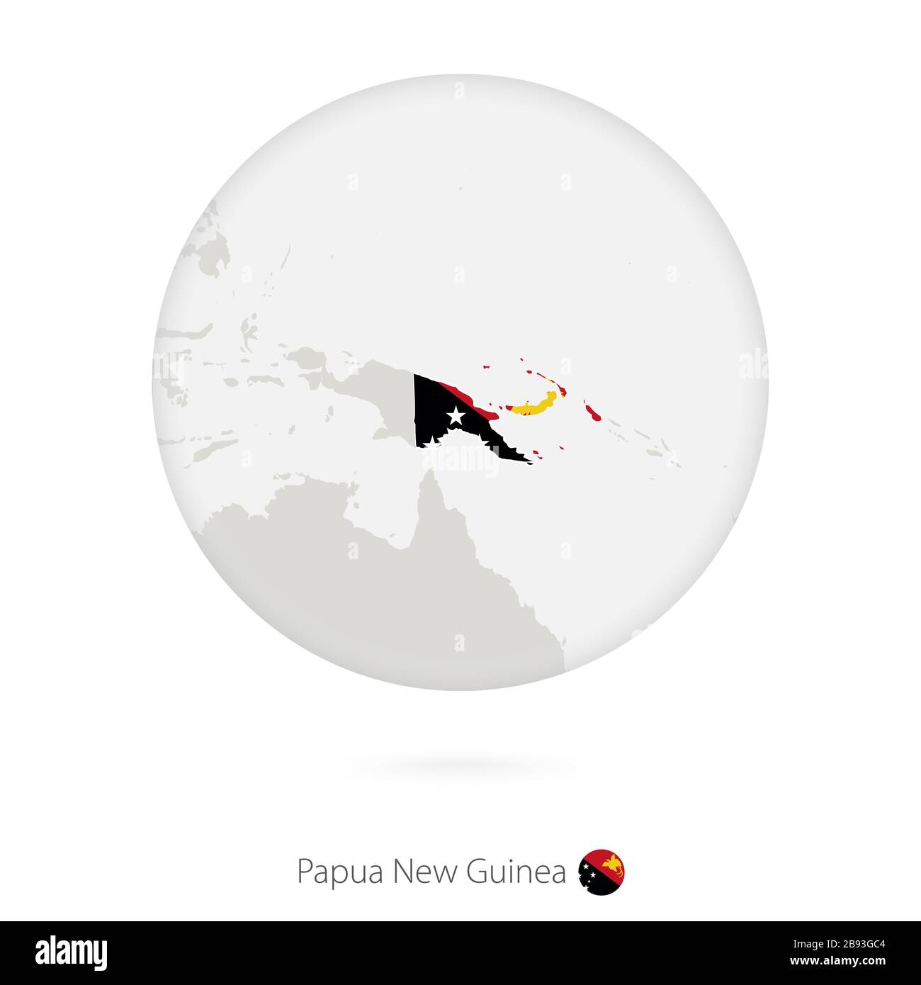 Map of Papua New Guinea and national flag in a circle. Papua New Guinea map contour with flag