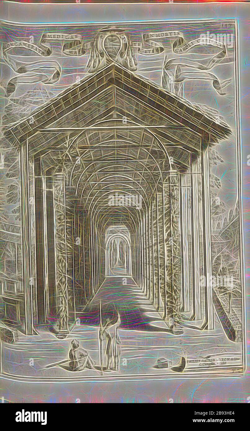 Concameratae bad medical mats in the gardens Carolus card. Smiling, Covered garden corridor, Signed: Philipp Gagliard., Rome., deline, C. Cungius Incidite, Fig. 21, after p. 145, Gagliardi, Filippo (del.), Cungi, Camillo (inc.), 1646, Giovanni Battista Ferrari: Hesperides sive de malorum aureorum cultura et usu libri quatuor. Romae: sumptibus Hermanni Scheus, 1646, Reimagined by Gibon, design of warm cheerful glowing of brightness and light rays radiance. Classic art reinvented with a modern twist. Photography inspired by futurism, embracing dynamic energy of modern technology, movement, speed Stock Photo