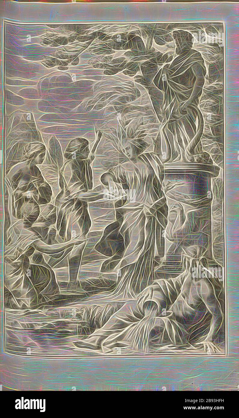 Metamorphosis of Tirsenia, Transformation of Tirsenia into a Hesperian Tree, Signed: F. Romanell del, C. Bloemaert sculp, Fig. 52, p. 275, Romanelli, Francesco (del.), Bloemaert, Cornelis (sc.), 1646, Giovanni Battista Ferrari: Hesperides sive de malorum aureorum cultura et usu libri quatuor. Romae: sumptibus Hermanni Scheus, 1646, Reimagined by Gibon, design of warm cheerful glowing of brightness and light rays radiance. Classic art reinvented with a modern twist. Photography inspired by futurism, embracing dynamic energy of modern technology, movement, speed and revolutionize culture. Stock Photo