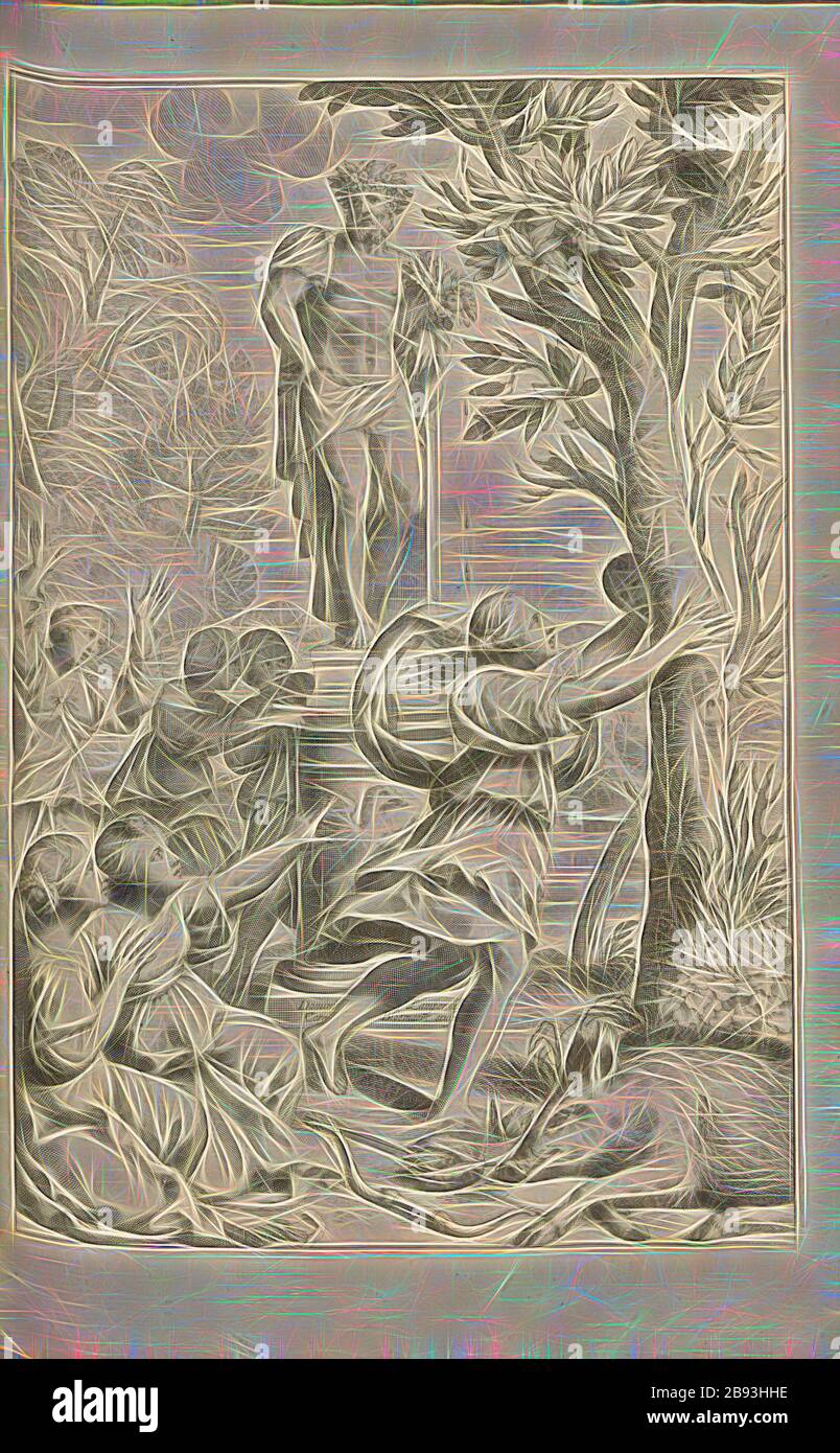 Metamorphosis of Leonilla, Transformation of the Leonilla into a Hesperian Tree, Signed: Dominc., Zamper del, Corn., Bloemaert sculp, Fig. 91, after p. 418, Domenichino (del.), Bloemaert, Cornelis (sc.), 1646, Giovanni Battista Ferrari: Hesperides sive de malorum aureorum cultura et usu libri quatuor. Romae: sumptibus Hermanni Scheus, 1646, Reimagined by Gibon, design of warm cheerful glowing of brightness and light rays radiance. Classic art reinvented with a modern twist. Photography inspired by futurism, embracing dynamic energy of modern technology, movement, speed and revolutionize cultur Stock Photo