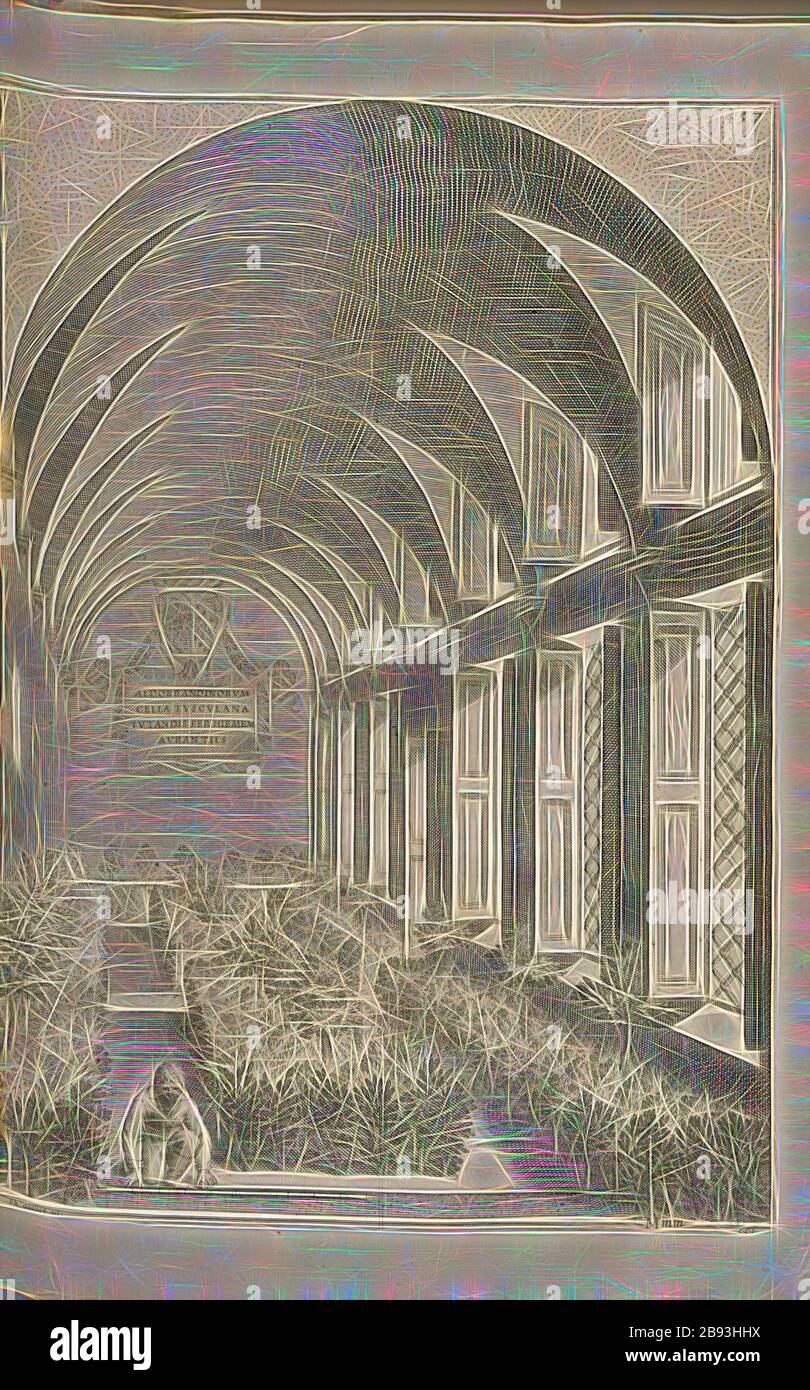 Aldobrandino room Tuscan ..., Greenhouse for citrus plants, Signed: Ph. Gagliad., del, C.C.I., Fig. 99, after p. 456, Gagliardi, Filippo (del.), Cungi, Camillo (inc.), 1646, Giovanni Battista Ferrari: Hesperides sive de malorum aureorum cultura et usu libri quatuor. Romae: sumptibus Hermanni Scheus, 1646, Reimagined by Gibon, design of warm cheerful glowing of brightness and light rays radiance. Classic art reinvented with a modern twist. Photography inspired by futurism, embracing dynamic energy of modern technology, movement, speed and revolutionize culture. Stock Photo