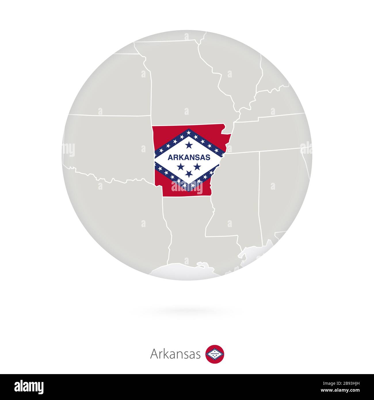 Map of Arkansas State and flag in a circle. Arkansas US State map contour with flag. Vector