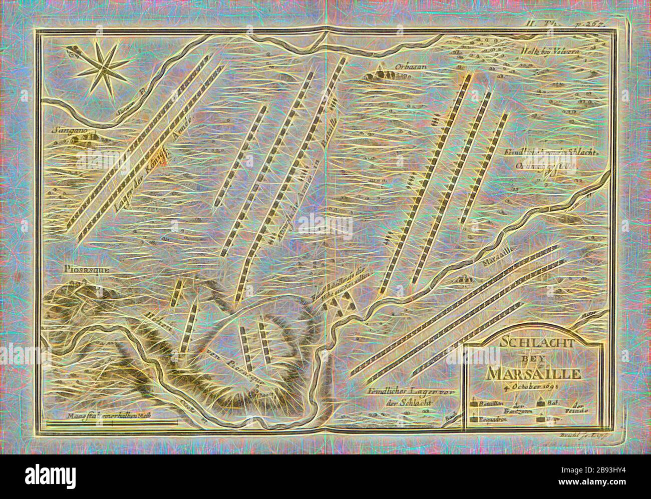 Battle of Marseille, Map of the Battle of Marsaglia on October 4, 1693 (also Battle of Orbassano), Signed: Brühl sc, Fig. 1, II. Th, after p. 266, Brühl, Johann Benjamin (sc.), 1738, Antoine de Pas de Feuquières: Geheime und sonderbare Kriegs-Nachrichten des Marggrafen von Feuquieres. Leipzig: im Weidmannischen Buchladen, 1738, Reimagined by Gibon, design of warm cheerful glowing of brightness and light rays radiance. Classic art reinvented with a modern twist. Photography inspired by futurism, embracing dynamic energy of modern technology, movement, speed and revolutionize culture. Stock Photo