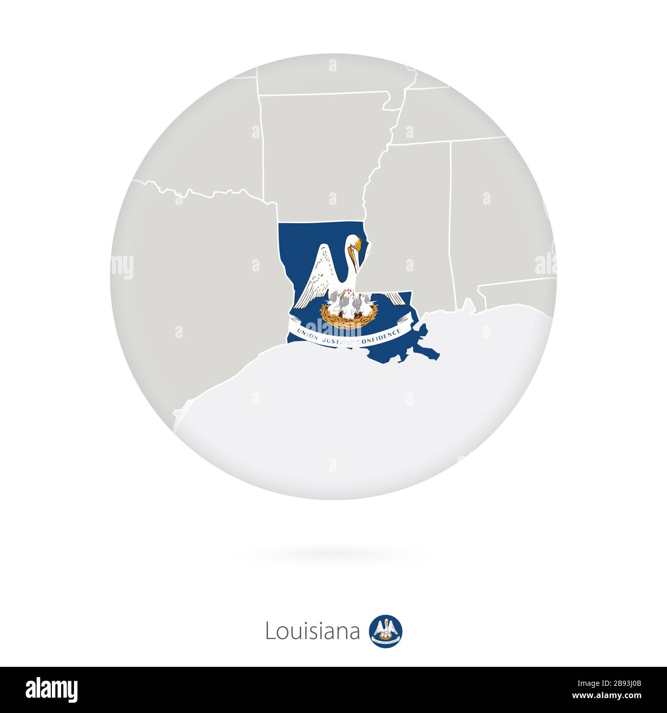 Map of Louisiana State and flag in a circle. Louisiana US State map