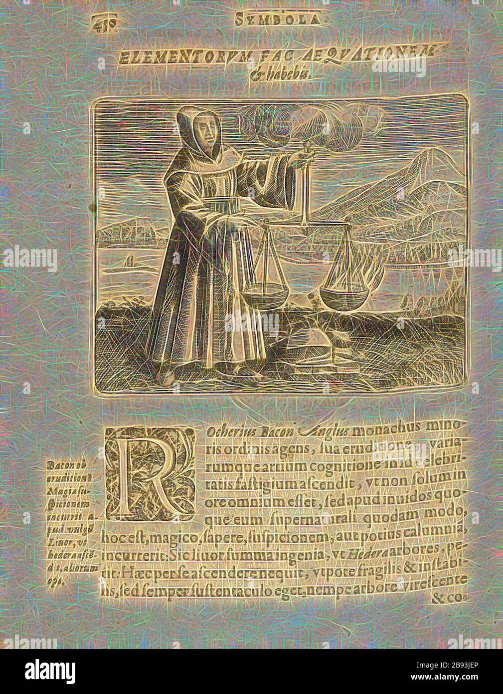 Roger Bacon, Illustration by Roger Bacon from the 17th century, Fig. 1, S 450, 1617, Michael Maier: Symbola aureae mensae duodecim nationum [...]. Francofurti: typis Antonii Hummii, impensis Lucae Iennis, [1617], Reimagined by Gibon, design of warm cheerful glowing of brightness and light rays radiance. Classic art reinvented with a modern twist. Photography inspired by futurism, embracing dynamic energy of modern technology, movement, speed and revolutionize culture. Stock Photo