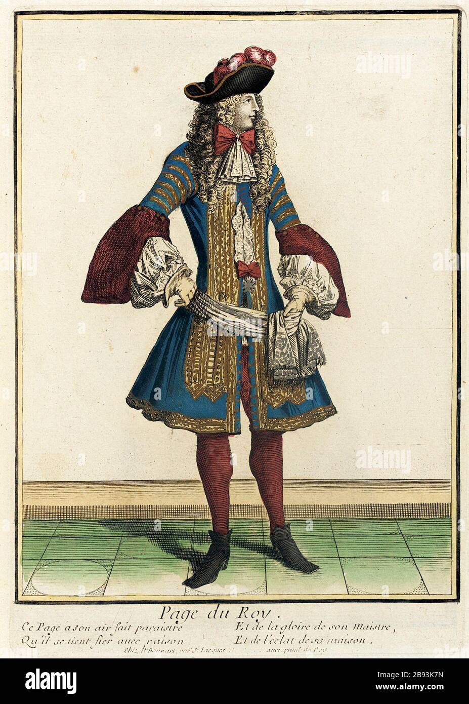 'Recueil des modes de la cour de France, 'Page du Roy'; English:  France, Paris, 1675 Prints Hand-colored engraving on paper Sheet:  14 3/8 x 9 3/8 in. (36.51 x 23.81 cm); Composition:  10 x 7 in. (25.4 x 17.78 cm) Purchased with funds provided by The Eli and Edythe L. Broad Foundation, Mr. and Mrs. H. Tony Oppenheimer, Mr. and Mrs. Reed Oppenheimer, Hal Oppenheimer, Alice and Nahum Lainer, Mr. and Mrs. Gerald Oppenheimer, Ricki and Marvin Ring, Mr. and Mrs. David Sydorick, the Costume Council Fund, and member of the Costume Council (M.2002.57.91) Costume and Textiles; 1675date QS:P571,+1675-0 Stock Photo