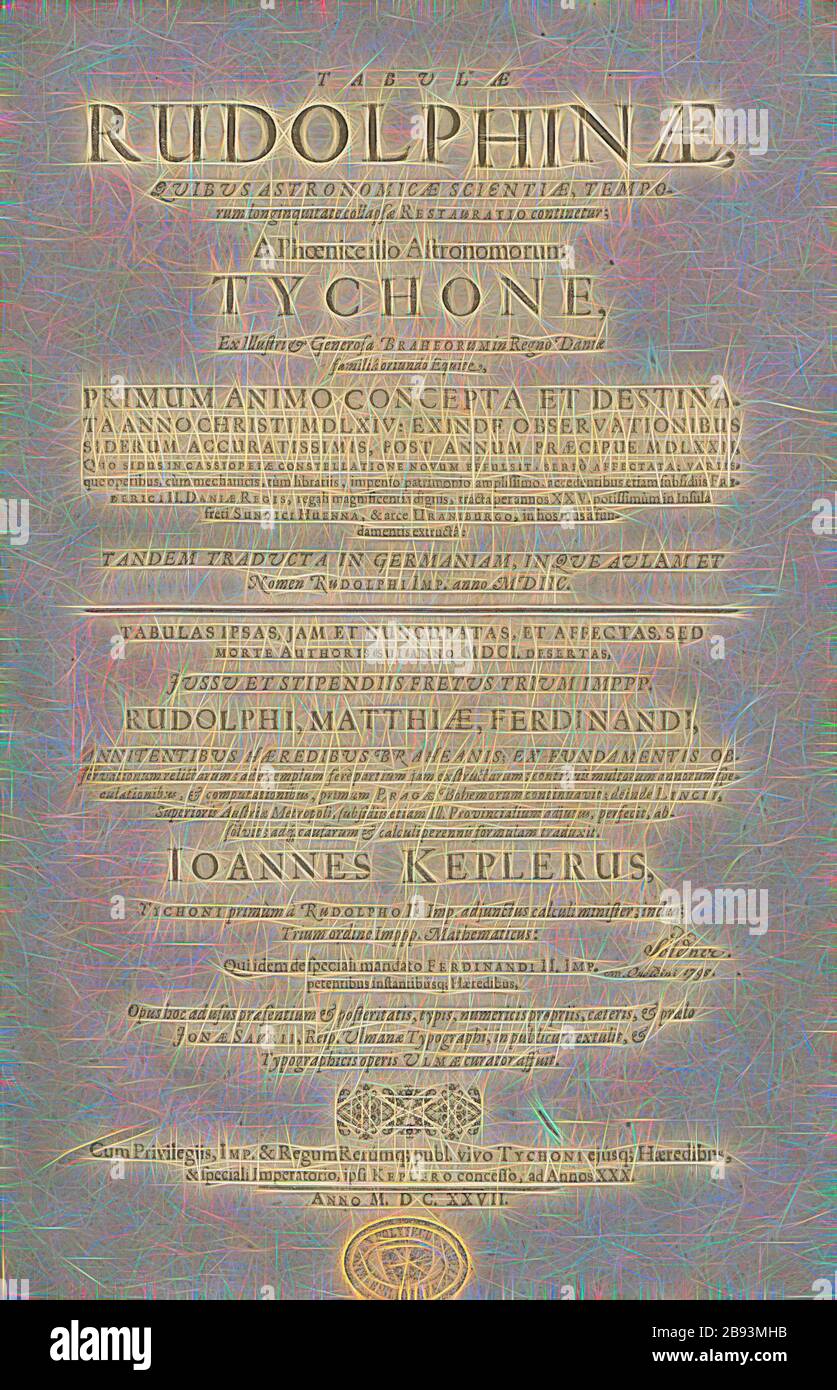 Rundtempel als Allegorie zur Geschichte der Astronomie, Title page of the work, ill., 1, before p. 2, Kepler, Johannes (inv.), Coler, Georg (sc.), 1627, Johannes Kepler: Tabulae Rudolphinae, quibus astronomicae scientiae, temporum longinquitate collapsae restauratio continetur, a Phoenice illo astronomorum Tychone, ex illustri & generosa Braheorum in regno Daniae familia oriundo equite, primum animo concepta et destinata anno Christi MDLXIV [...]. [Ulm]: [Jonas Saur], 1627, Reimagined by Gibon, design of warm cheerful glowing of brightness and light rays radiance. Classic art reinvented with a Stock Photo