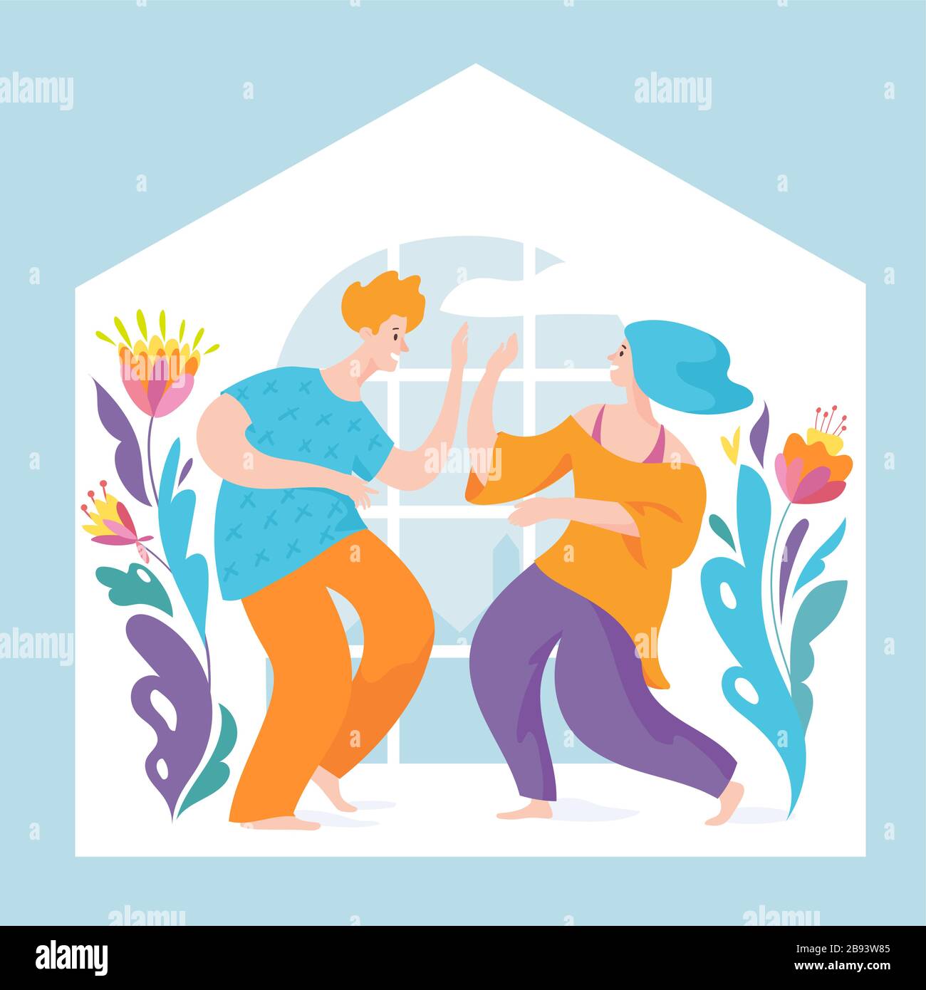 Stay home vector quarantine illustration with brave people spend time ...