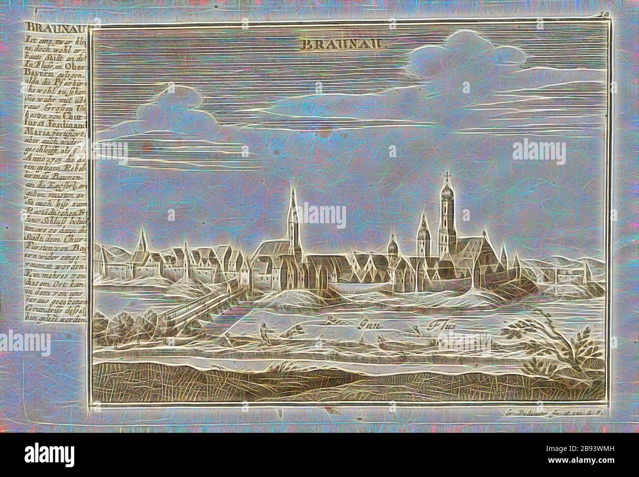 Braunau, Braunau am Inn, signed: G. Bodenehr fec., et exc., a., v. Plate 19, p. 19, Bodenehr, Gabriel d. Ä (fec. et exc.), 1710, Gabriel Bodenehr: Europens Pracht und Macht in 200 Kupfer-Stücken: worinnen nicht nur allein die berühmtest und ansehnlichste, sondern auch andere Stätte, Festungen, Schlösser, Klöster, Pässe, Residentien, Palläste, Wasserfälle dises volckreichen Welttheils vermittelst anmuthiger und eigentlicher Prospecte, sambt kurzer geographischer Beschreibung zu sonderm Nuzen u. Gemüth vergnügender Ergözung vorgestellet werden. Augspurg: [Selbstverlag], [ca. 1710], Reimagined by Stock Photo