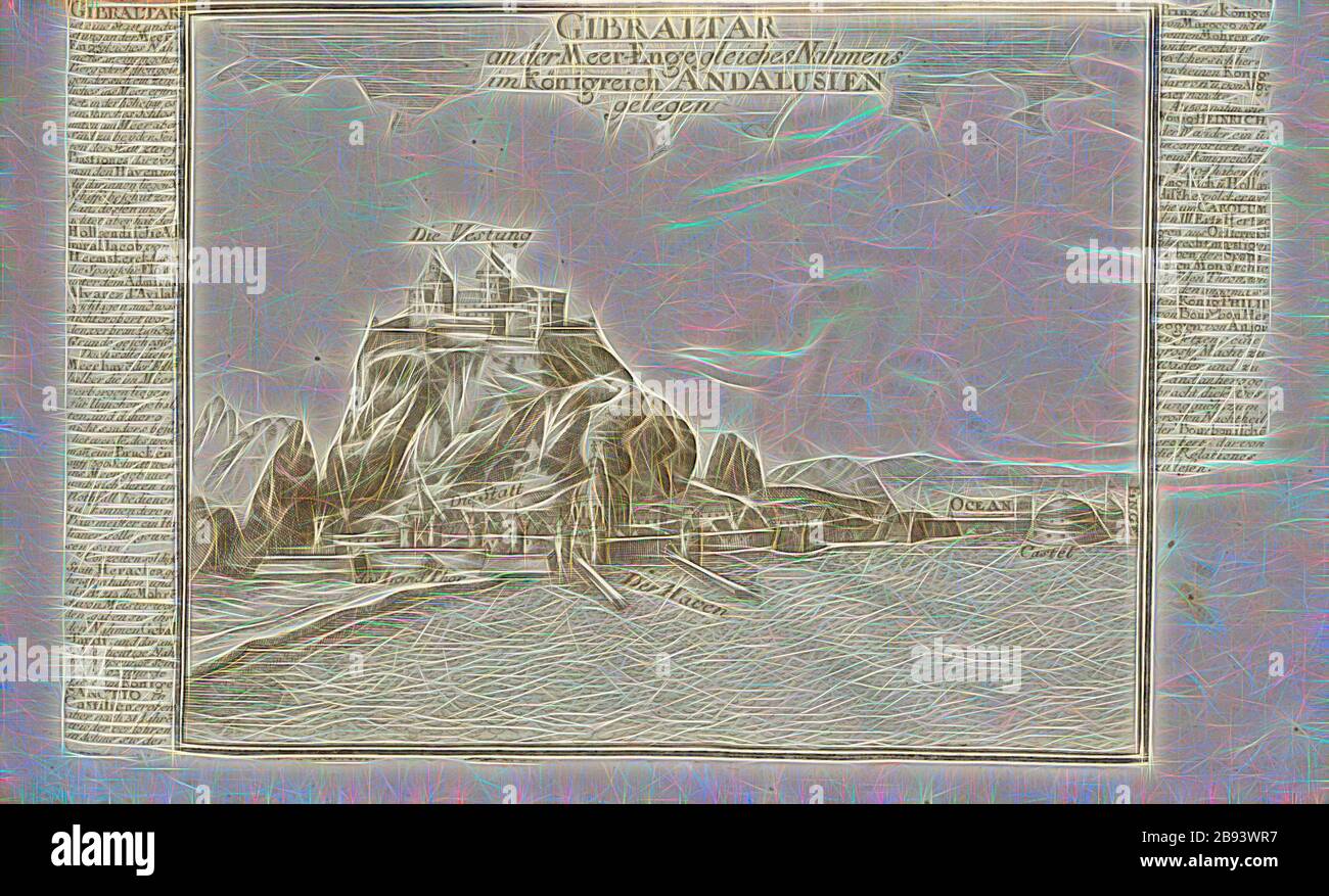 Gibraltar is located at the sea-narrows of the same name in the Kingdom of Andalusia, Castle of Gibraltar, pl. 69, after p. 51, 1710, Gabriel Bodenehr: Europens Pracht und Macht in 200 Kupfer-Stücken: worinnen nicht nur allein die berühmtest und ansehnlichste, sondern auch andere Stätte, Festungen, Schlösser, Klöster, Pässe, Residentien, Palläste, Wasserfälle dises volckreichen Welttheils vermittelst anmuthiger und eigentlicher Prospecte, sambt kurzer geographischer Beschreibung zu sonderm Nuzen u. Gemüth vergnügender Ergözung vorgestellet werden. Augspurg: [Selbstverlag], [ca. 1710], Reimagin Stock Photo