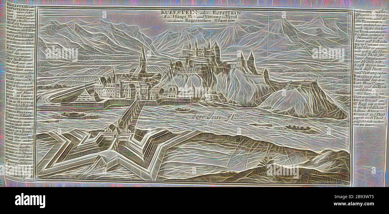 Kuefstein or cobblestone, Kufstein in Tyrol, signed: G. Bodenehr fec., et exc., a., v, pl. 92, after p. 51, Bodenehr, Gabriel d. Ä (fec. et exc.), 1710, Gabriel Bodenehr: Europens Pracht und Macht in 200 Kupfer-Stücken: worinnen nicht nur allein die berühmtest und ansehnlichste, sondern auch andere Stätte, Festungen, Schlösser, Klöster, Pässe, Residentien, Palläste, Wasserfälle dises volckreichen Welttheils vermittelst anmuthiger und eigentlicher Prospecte, sambt kurzer geographischer Beschreibung zu sonderm Nuzen u. Gemüth vergnügender Ergözung vorgestellet werden. Augspurg: [Selbstverlag], [ Stock Photo