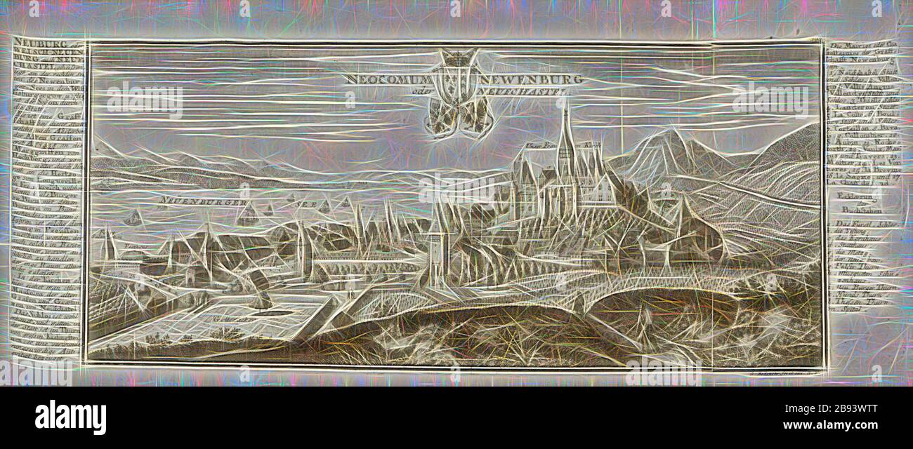 Neuburg or Welsch-Neuenburg also Neufchastel, Neuchâtel with Lake Neuchâtel, signed: G. Bodenehr fec., et exc., a., v, Plate 122, after p. 51, Bodenehr, Gabriel d. Ä (fec. et exc.), 1710, Gabriel Bodenehr: Europens Pracht und Macht in 200 Kupfer-Stücken: worinnen nicht nur allein die berühmtest und ansehnlichste, sondern auch andere Stätte, Festungen, Schlösser, Klöster, Pässe, Residentien, Palläste, Wasserfälle dises volckreichen Welttheils vermittelst anmuthiger und eigentlicher Prospecte, sambt kurzer geographischer Beschreibung zu sonderm Nuzen u. Gemüth vergnügender Ergözung vorgestellet Stock Photo