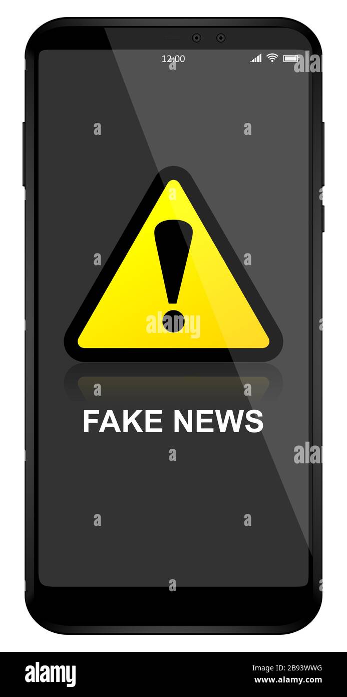 Fake news warning sign on mobile phone screen, vector illustration Stock Vector