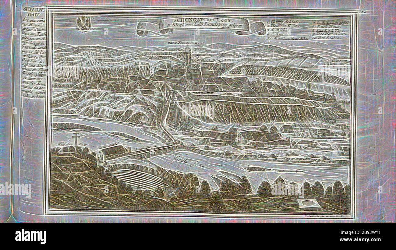 Schongaw am Lech, Schongau and Lech in Upper Bavaria, signed: G. Bodenehr fec., et exc., a., v, pl. 148, after p. 51, 1710, Gabriel Bodenehr: Europens Pracht und Macht in 200 Kupfer-Stücken: worinnen nicht nur allein die berühmtest und ansehnlichste, sondern auch andere Stätte, Festungen, Schlösser, Klöster, Pässe, Residentien, Palläste, Wasserfälle dises volckreichen Welttheils vermittelst anmuthiger und eigentlicher Prospecte, sambt kurzer geographischer Beschreibung zu sonderm Nuzen u. Gemüth vergnügender Ergözung vorgestellet werden. Augspurg: [Selbstverlag], [ca. 1710], Reimagined by Gibo Stock Photo