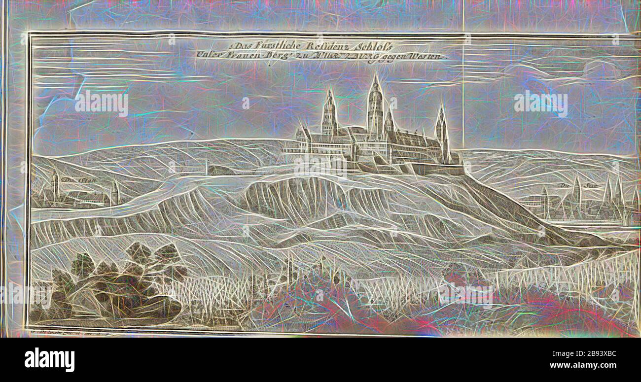 The Princely Residence Schloss our women's mountain to Wuertzburg to the west, Marienberg fortress and city of Würzburg, signed: G. Bodenehr fec., et exc., a., v, pl. 198, after p. 51, Bodenehr, Gabriel d. Ä (fec. et exc.), 1710, Gabriel Bodenehr: Europens Pracht und Macht in 200 Kupfer-Stücken: worinnen nicht nur allein die berühmtest und ansehnlichste, sondern auch andere Stätte, Festungen, Schlösser, Klöster, Pässe, Residentien, Palläste, Wasserfälle dises volckreichen Welttheils vermittelst anmuthiger und eigentlicher Prospecte, sambt kurzer geographischer Beschreibung zu sonderm Nuzen u. Stock Photo