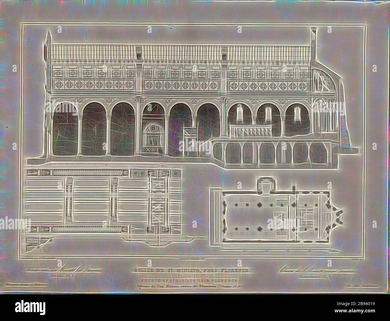 Church of St. Miniato, near Florence. Details. Pl. 1, Floor plan and  longitudinal section of the Basilica of San Miniato al Monte in Florence,  signed: d'après Mr. Alb., Lenoir, Bury et Jourdan, image size:1300x1071