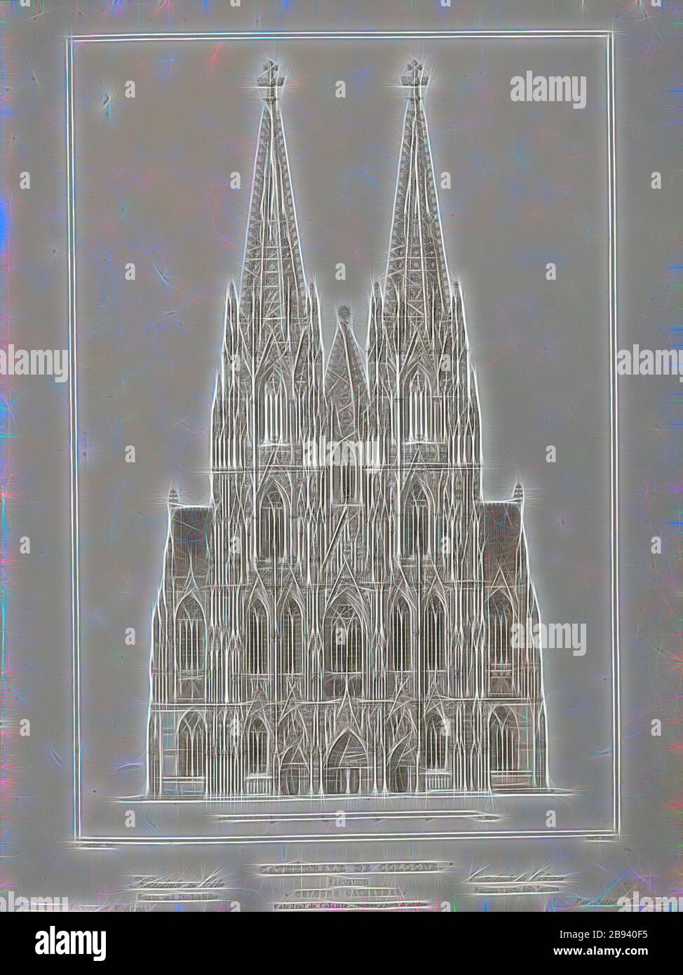 Cologne Cathedral. Elevation, Cologne Cathedral, signed: Jourdan del, Bury sculp, Pl., 37, Jourdan, Jean Marie (del.), Bury, Jean Baptiste Marie (sc.), 1853, Jules Gailhabaud: Monuments anciens et modernes: collection formant une histoire de l'architecture des différents peuples à toutes les époques. Paris: Librairie de Firmin Didot frères, 1853, Reimagined by Gibon, design of warm cheerful glowing of brightness and light rays radiance. Classic art reinvented with a modern twist. Photography inspired by futurism, embracing dynamic energy of modern technology, movement, speed and revolutionize Stock Photo