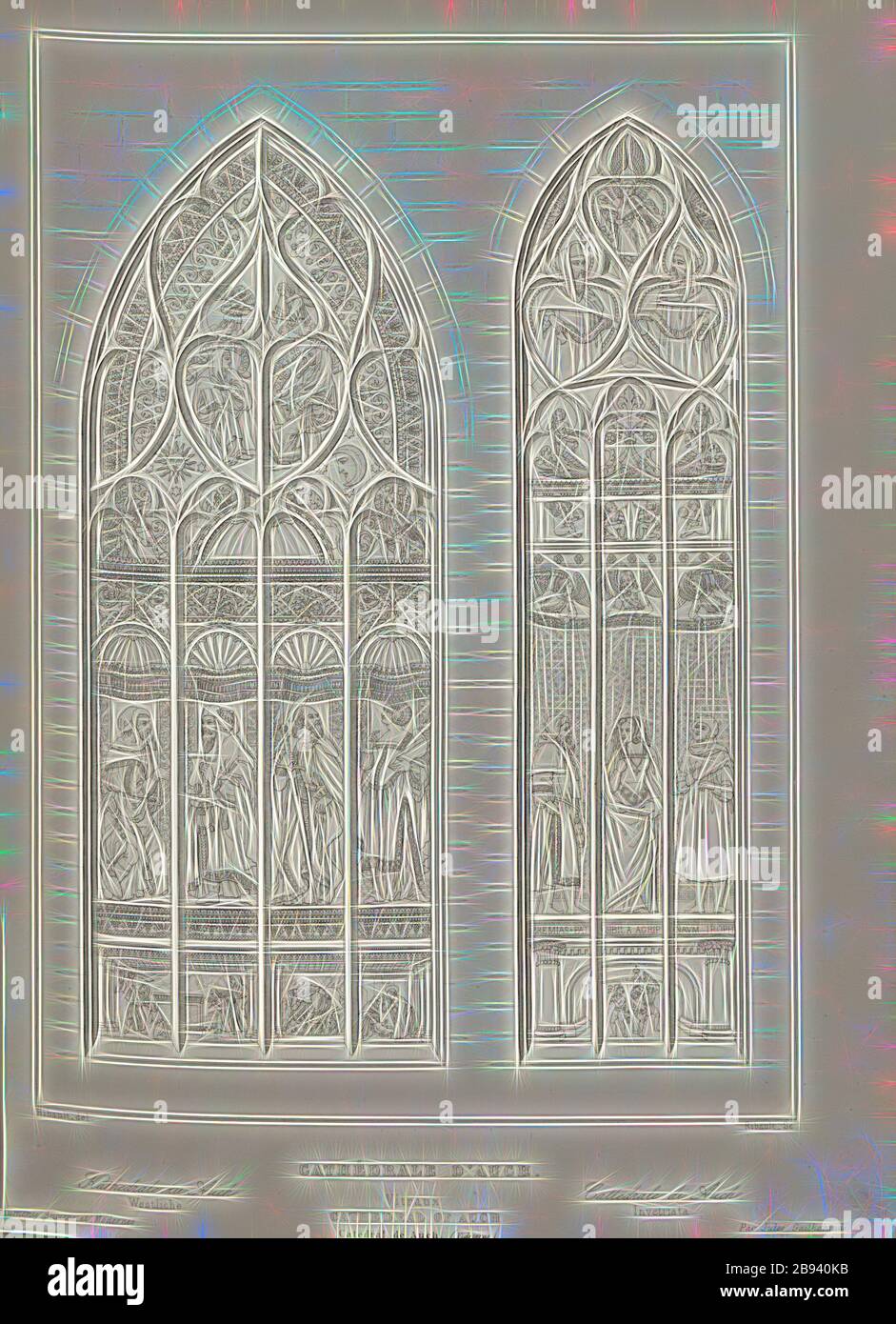 Auch Cathedral. Stained Glass, Window of the Sainte-Marie d'Auch cathedral Also in Auch, signed: Ribault del, Ribault sc, Fig. 24, p. 139, Ribault, Auguste Louis François (del. et sc.), 1853, Jules Gailhabaud: Monuments anciens et modernes: collection formant une histoire de l'architecture des différents peuples à toutes les époques. Paris: Librairie de Firmin Didot frères, 1853, Reimagined by Gibon, design of warm cheerful glowing of brightness and light rays radiance. Classic art reinvented with a modern twist. Photography inspired by futurism, embracing dynamic energy of modern technology, Stock Photo
