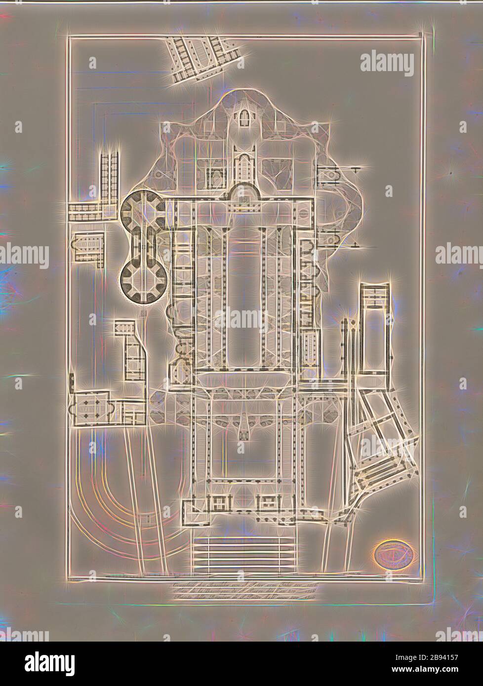 Floor plan of the basilica of S. Peter from the year 800-1506, Ground plan of the Constantine basilica (Old St. Peter) in Rome, Signed: I. M. Knapp, Taf. II, after S. 6, Knapp, I. M. (bearb.), Christian Karl Josias von Bunsen: Die Basiliken des christlichen Roms: nach ihrem Zusammenhange mit Idee und Geschichte der Kirchenbaukunst. Bd. 2. München: Literarisch-artistische Anstalt der J. G. Cotta'schen Buchhandlung, [1824], Reimagined by Gibon, design of warm cheerful glowing of brightness and light rays radiance. Classic art reinvented with a modern twist. Photography inspired by futurism, embr Stock Photo