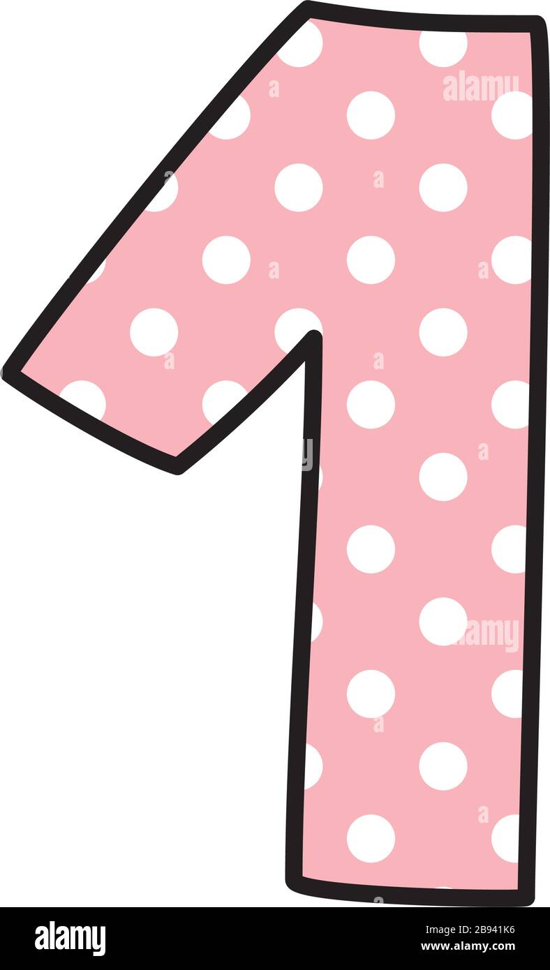 Number 1 with white polka dots on pink, vector illustration isolated on