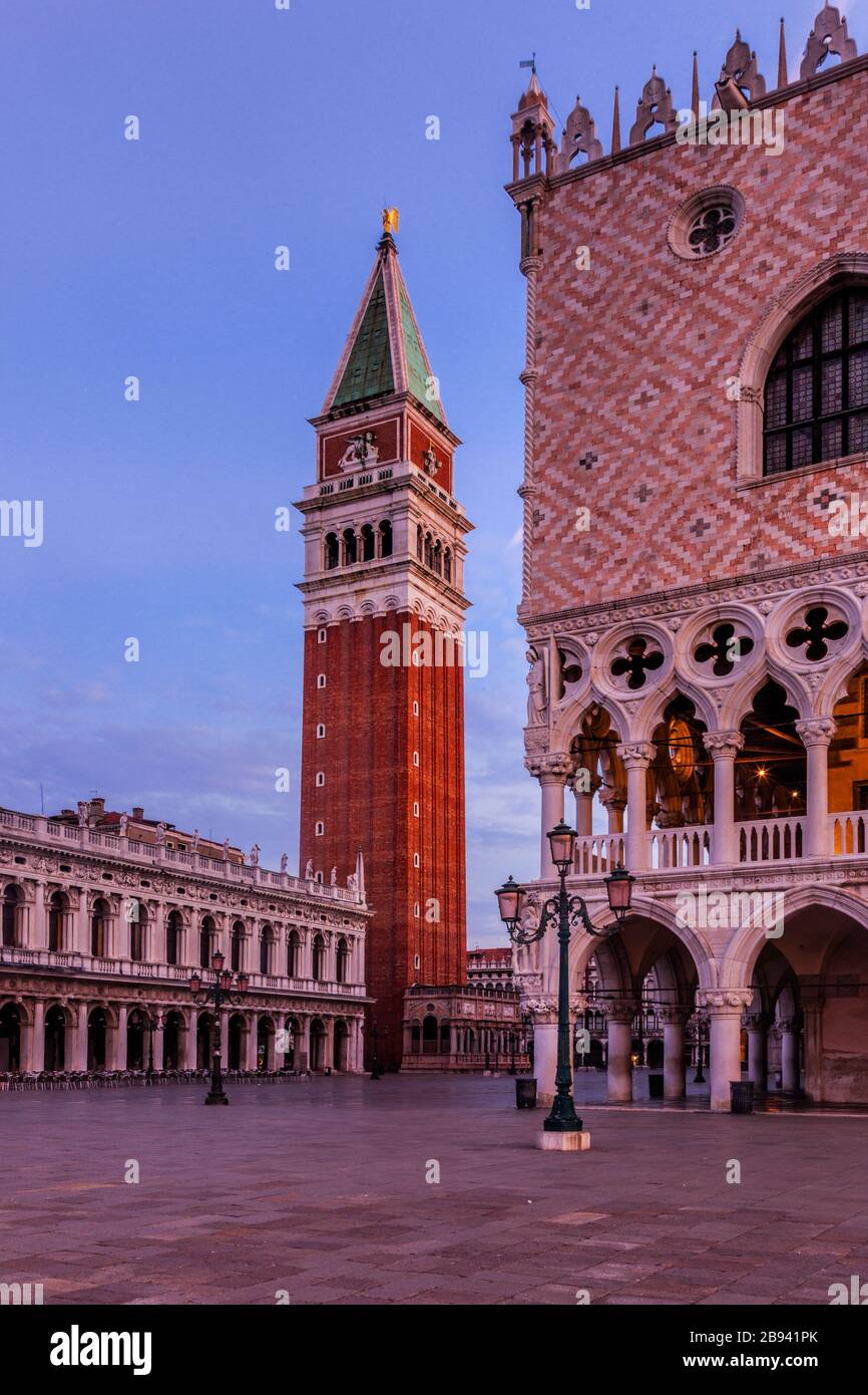 Doges Tower and bell tower in St Mark's Square in Venice, Italy Stock Photo