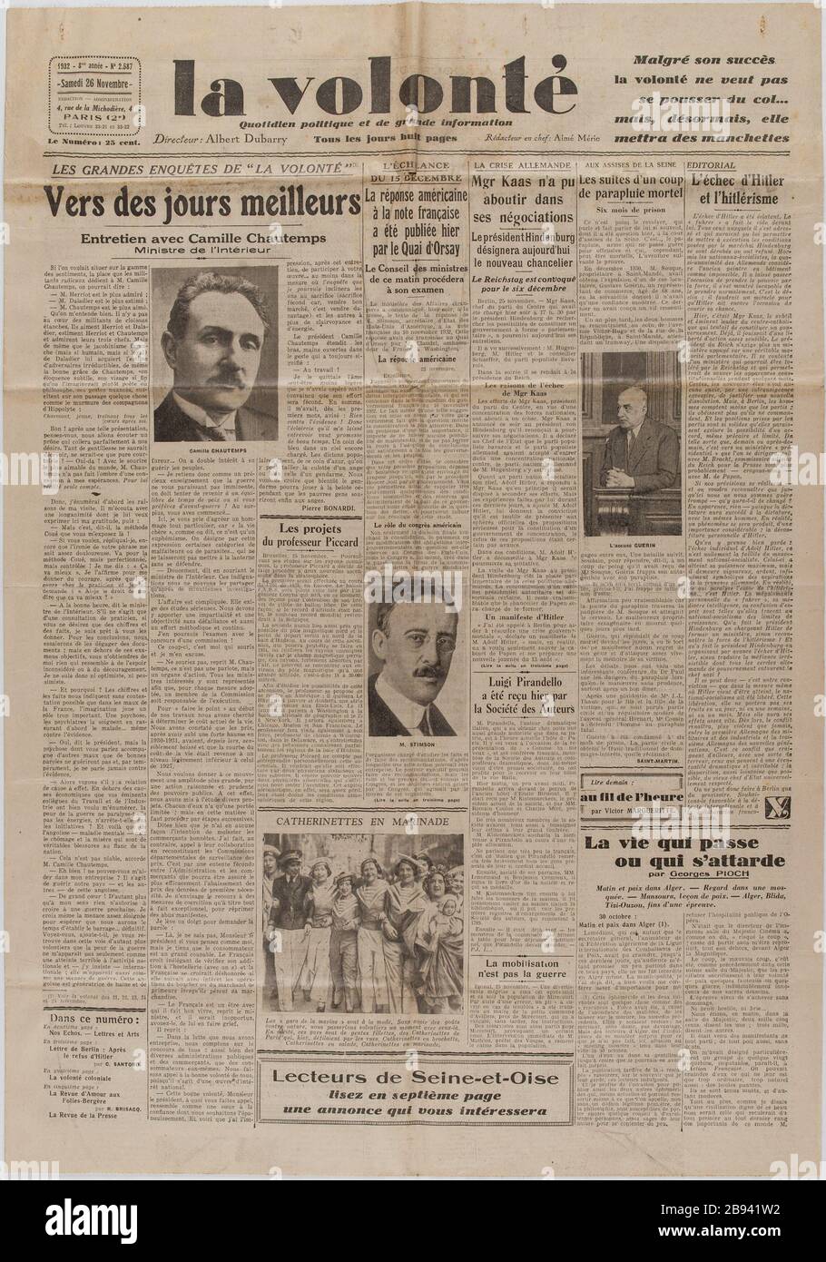 Newspaper 'The Will' of November 26, 1932 Journal 'La Volonté' du 26 novembre 1932. Papier imprimé, 1932. Musée du Général Leclerc de Hauteclocque et de la Libération de Paris, musée Jean Moulin. Stock Photo