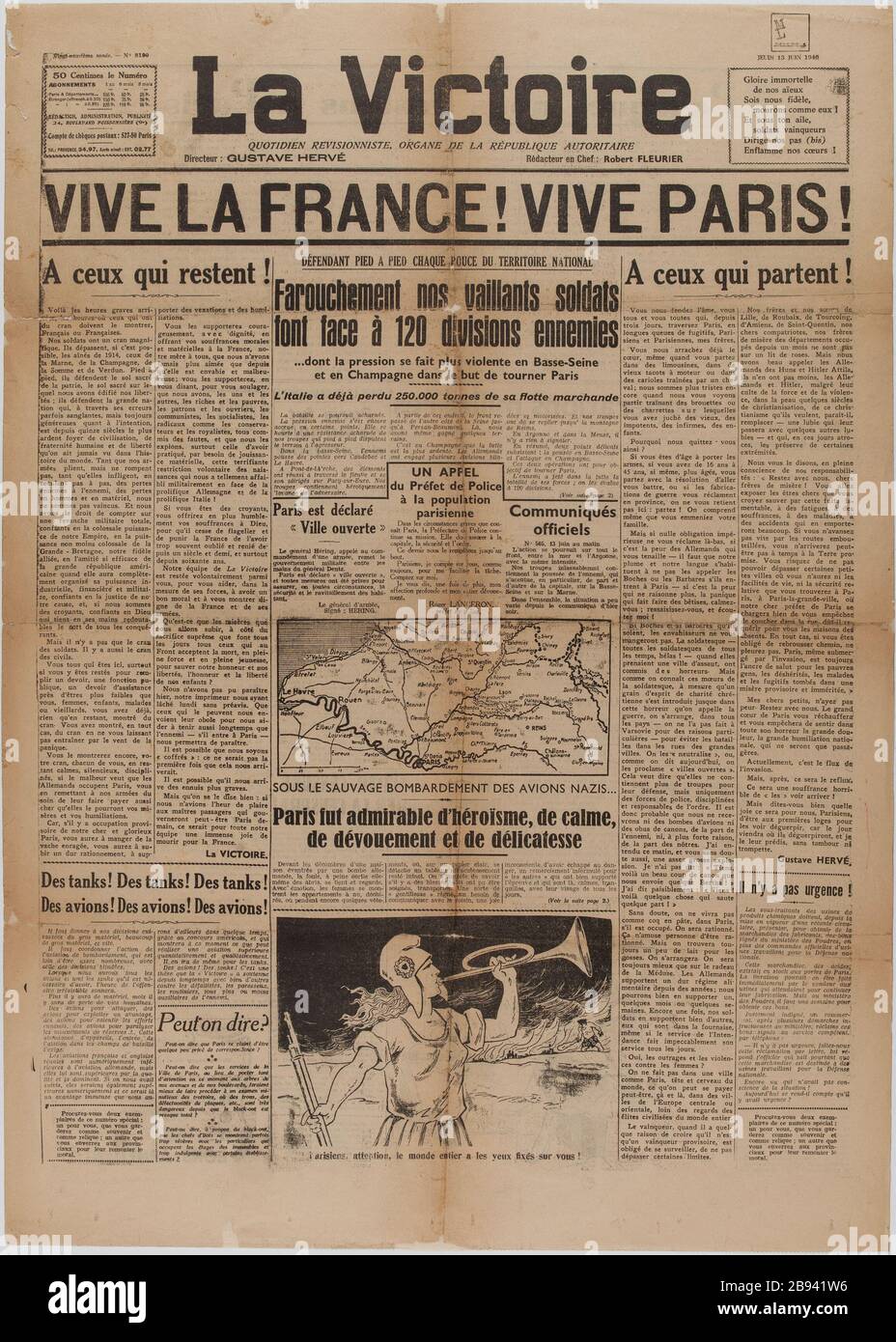 Newspaper 'Victory' of June 13, 1940 Journal 'La Victoire' du 13 juin 1940. Papier imprimé, 1940. Musée du Général Leclerc de Hauteclocque et de la Libération de Paris, musée Jean Moulin. Stock Photo