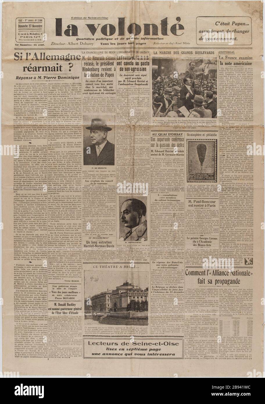 Newspaper 'The Will' of November 27, 1932 Journal 'La Volonté' du 27 novembre 1932. Papier imprimé, 1932. Musée du Général Leclerc de Hauteclocque et de la Libération de Paris, musée Jean Moulin. Stock Photo