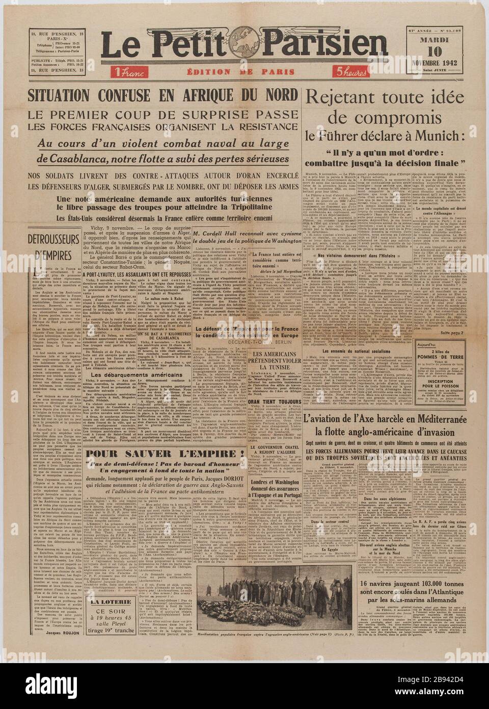 Newspaper "Le Petit Parisien" of November 10, 1942 Journal "Le Petit