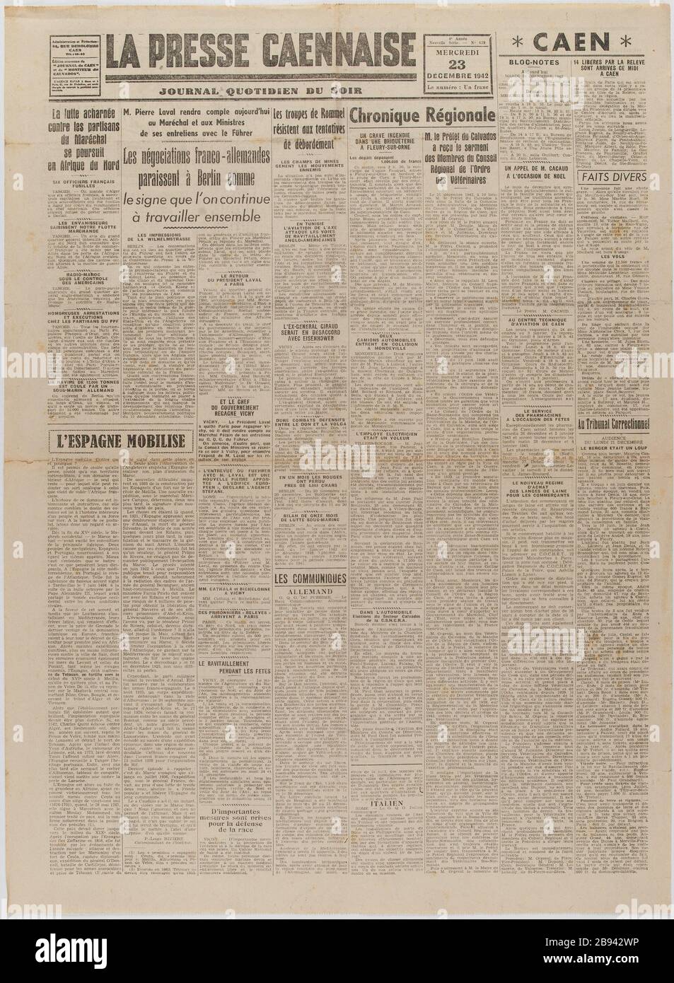 Newspaper "La Presse Caennaise" of December 23, 1942 Journal "La Presse  Caennaise" du 23 décembre 1942.