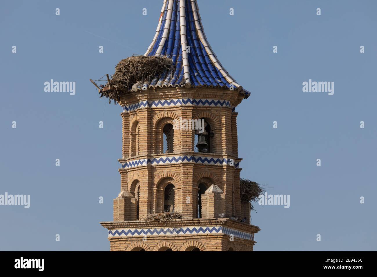 Close-up detail of the tower of the Church of San Antonio Abad de Tauste, in the Cinco Villas region, Aragon, Spain. Stock Photo