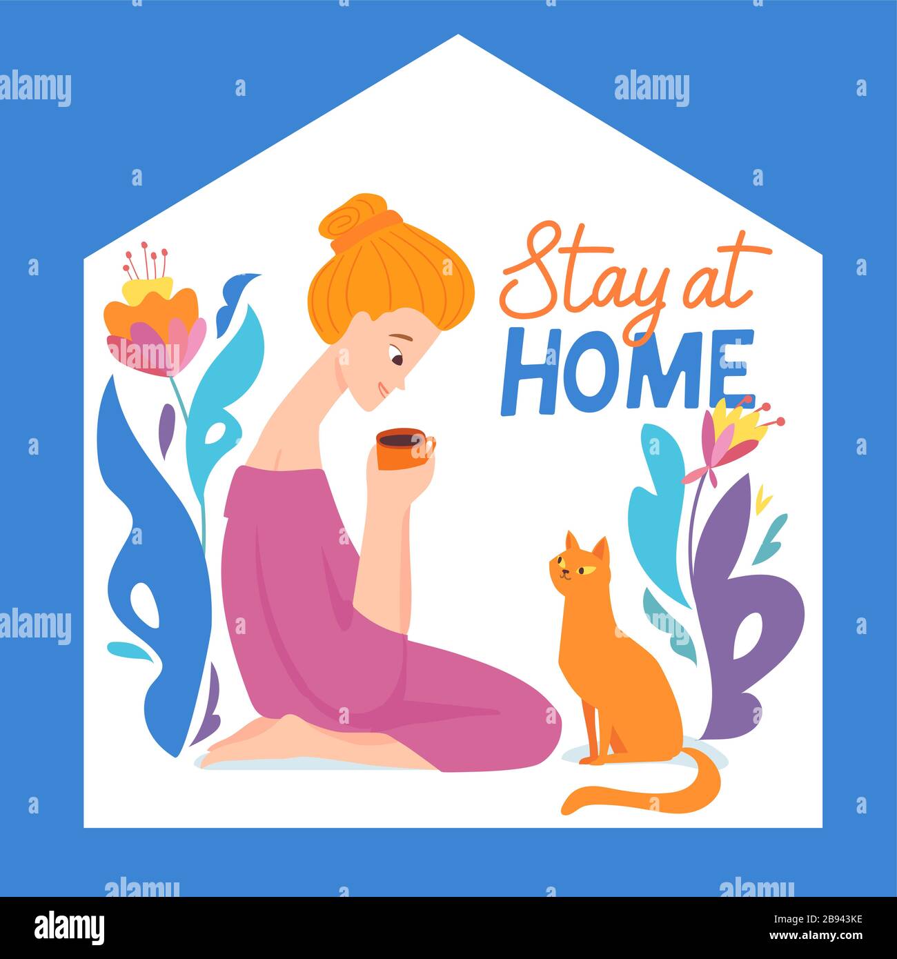 Stay home vector quarantine illustration with a woman drink a tea alone ...