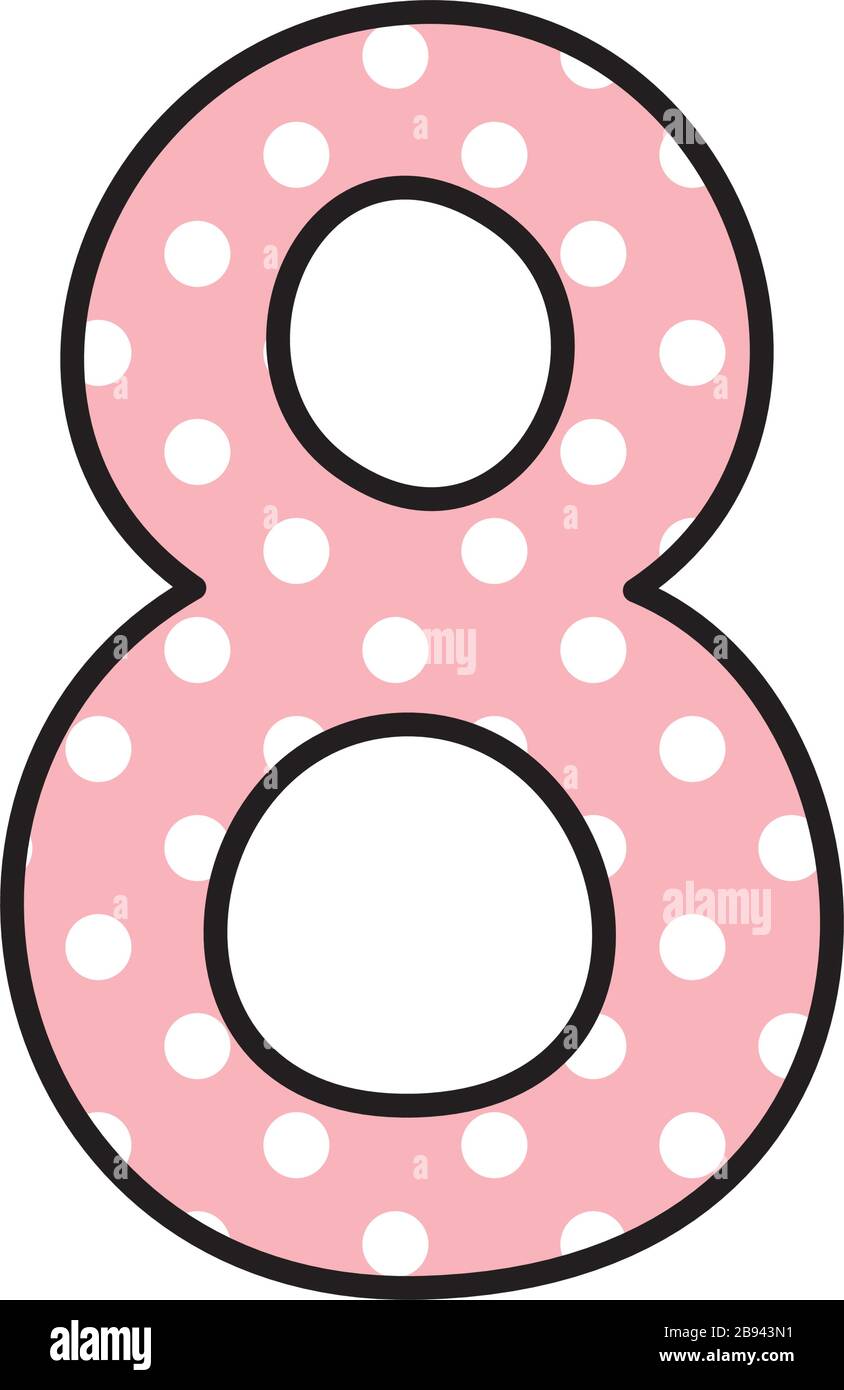 Number 8 with white polka dots on pink, vector illustration isolated on white background Stock Vector