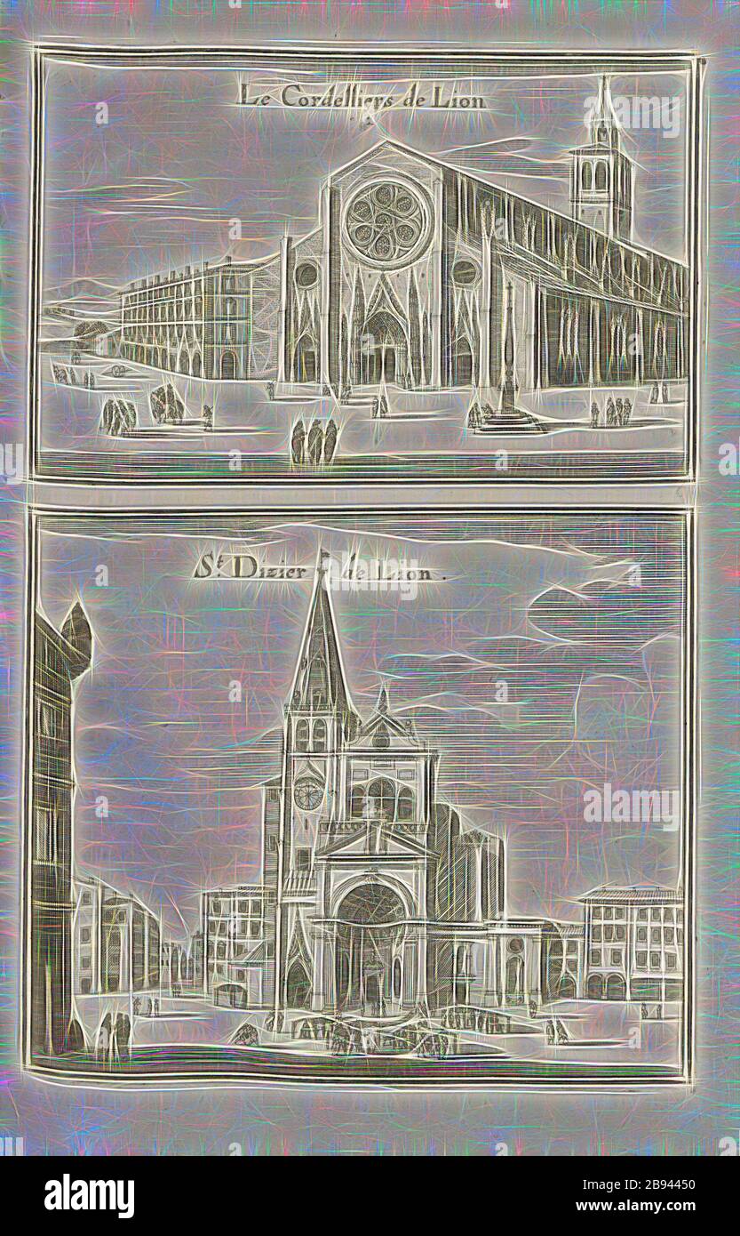 The Lion Cordelliers and Lion St. Dizier, Les Cordeliers with Saint-Bonaventure church and Saint-Nizier church in Lyon, Fig. 34, Fifth Part, to p. 18, Martin Zeiller: Topographia Galliae, oder, Beschreibung und Contrafaitung der vornehmbsten und bekantisten Oerter in dem mächtigen und grossen Königreich Franckreich: beedes auss eygner Erfahrung und den besten und berühmbtesten Scribenten so in underschiedlichen Spraachen davon aussgangen seyn auch auss erlangten Bericht- und Relationen von etlichen Jahren hero zusammengetragen in richtige Ordnung gebracht und auff begehren zum Druck verfertige Stock Photo
