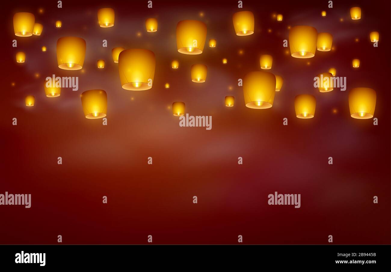 Flying paper sky lanterns with flame at night sky. Traditional design elements. Vector