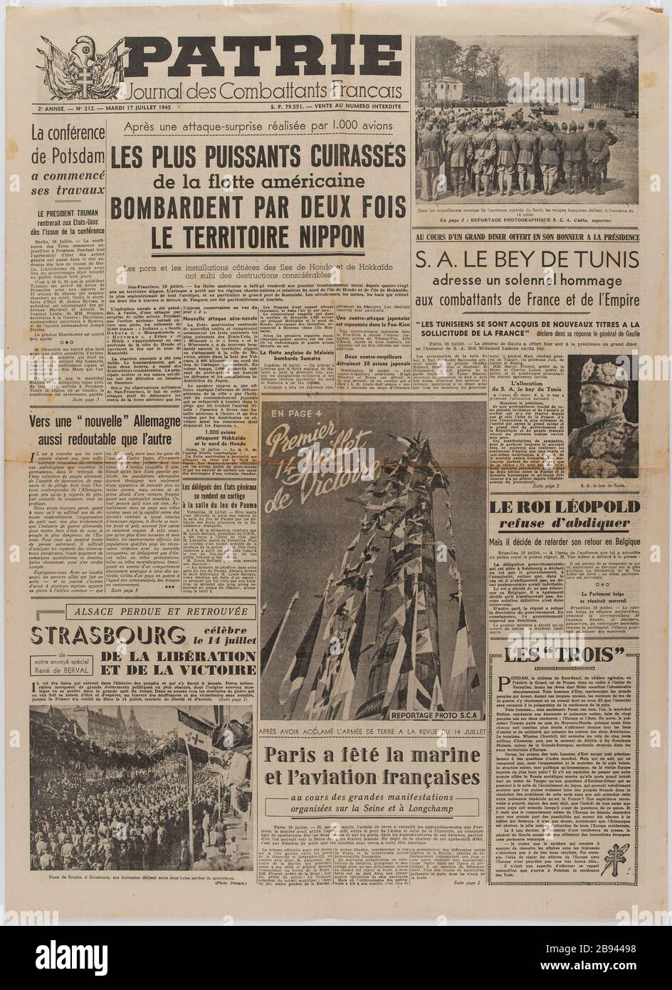Journal "Fatherland. Journal of Combatants French" of July 17, 1945 Journal  "Patrie. Journal des Combattants Français" du 17 juillet 1945. Papier  imprimé, 1945. Musée du Général Leclerc de Hauteclocque et de la