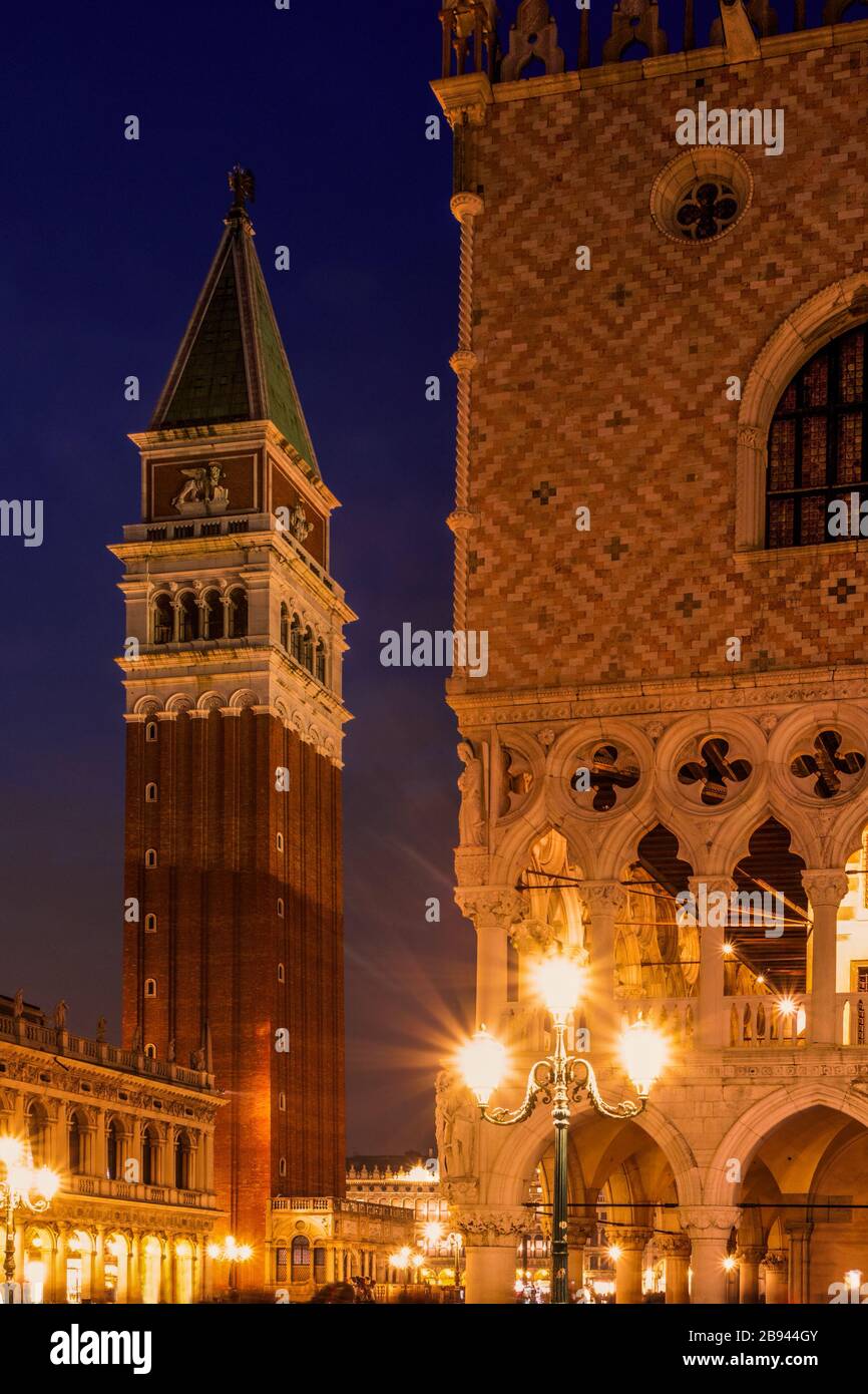 Doges Palace and Bell Tower in Venice, Italy at twilight Stock Photo