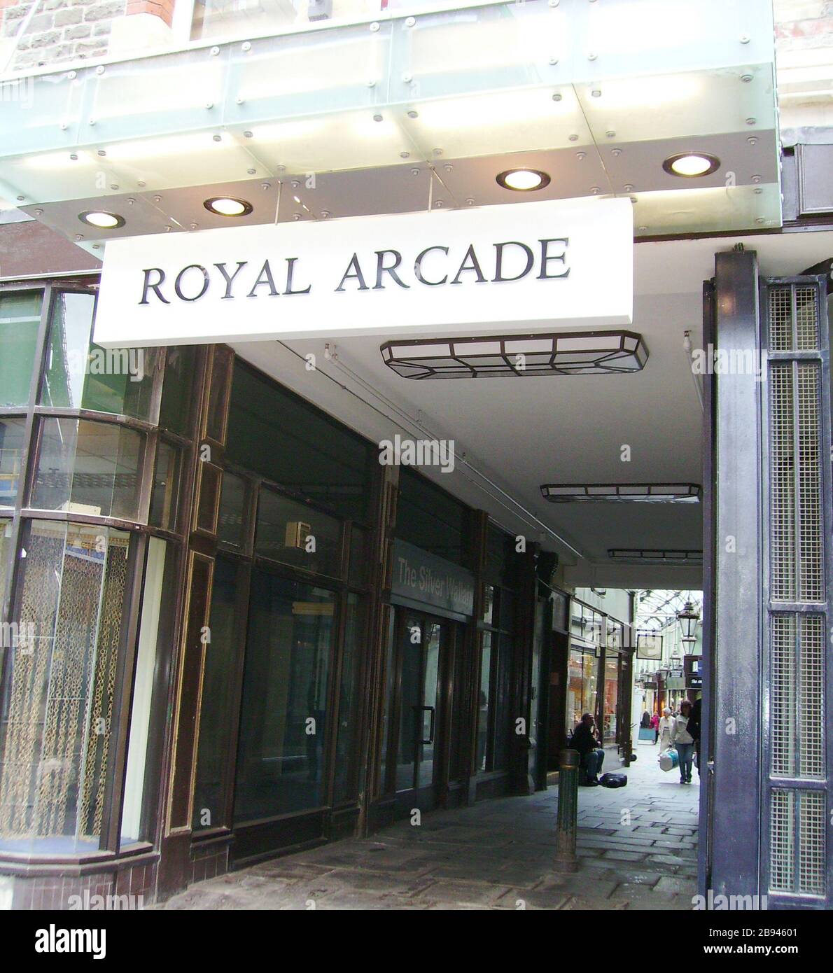 'English: Royal Arcade, The Hayes entrance, Cardiff, Wales; 5 June 2008; Own work; Seth Whales; ' Stock Photo