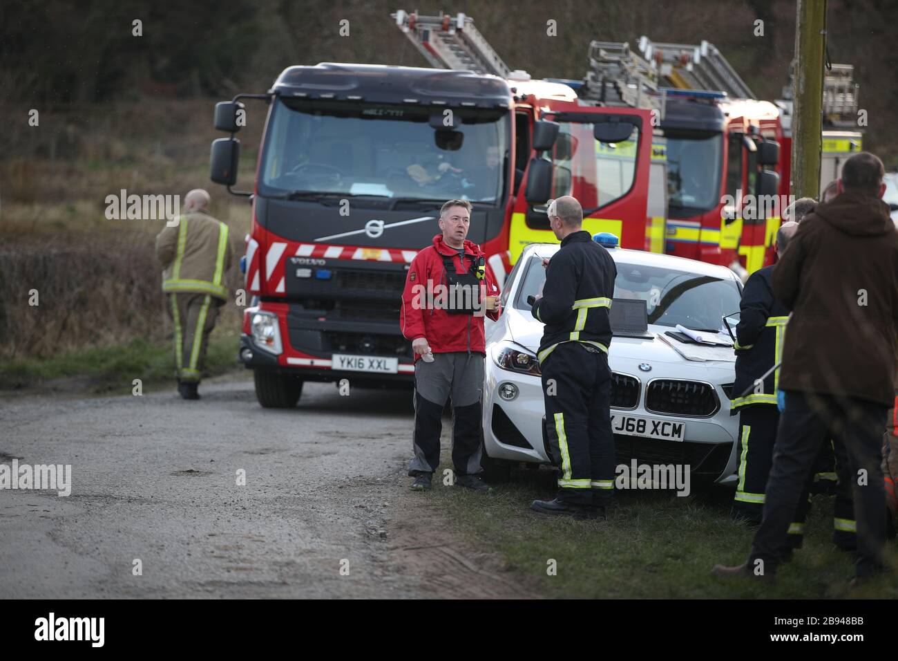 Firefighters at the scene of a moorland fire near Deer Hill Reservoir in Marsden. Stock Photo