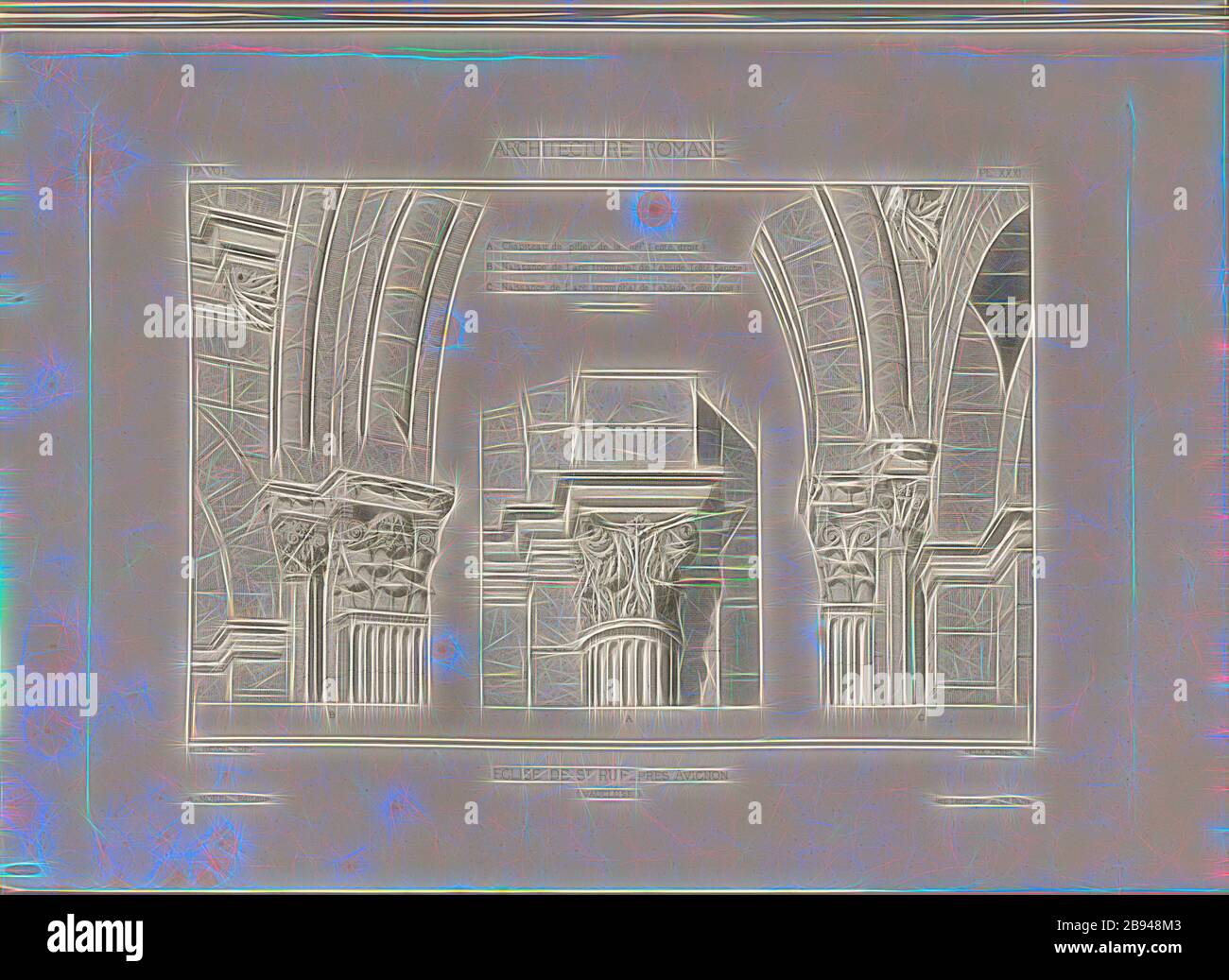 Church of St. Ruf near Avignon 2, Details of the Church of the Abbey of Saint-Ruf in Avignon, signed: H. Revoil del, Félix Penel, A. Morel éditeur, Fig. 45, Pl. XXXI, after p. 50, Revoil, Henry (del.), Penel, Félix (sc.), Morel, A. (éditeur), Henry Revoil: Architecture romane du Midi de la France: dessinée, mesurée et décrite. Bd. 1. Paris: Vve A. Morel & Cie, Libraires-Editeurs, MDCCC LXXIII. [1873], Reimagined by Gibon, design of warm cheerful glowing of brightness and light rays radiance. Classic art reinvented with a modern twist. Photography inspired by futurism, embracing dynamic energy Stock Photo