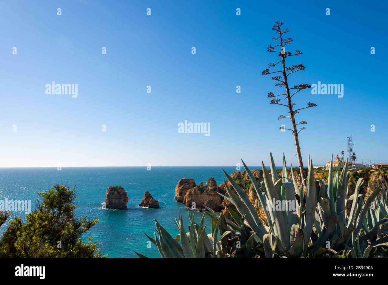 View of Lagos coastline in Portugal, Ponta da Piedade in the distance Stock Photo