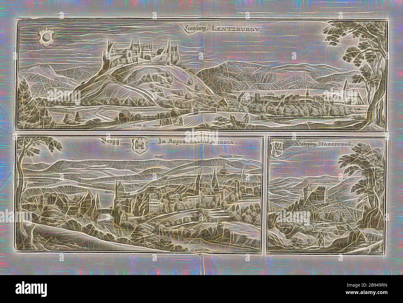 Lenzburg - Lenzburg, Brugg and Habsburg, Lenzburg, Brugg and Habsburg in the Canton of Aargau, signed: Io., Plep fig, Ios, Carousing delin, Fig. 15, p. 26, Plepp, Joseph (fig.), Zehender, Josua (del.), Matthaeus Merian der Ältere: Topographia Helvetiae, Rhaetiae, et Valesiae: das ist, Beschreibung und eygentliche Abbildung der vornehmsten Stätte und Plätze in der hochlöblichen Eydgnossschafft, Graubündten, Wallis, und etlicher zugewandten Orthen. Franckfurt am Mayn: zum Truck verlegt von denen Merianischen Erben, im Jahr M DC LIV. [1654], Reimagined by Gibon, design of warm cheerful glowing of Stock Photo