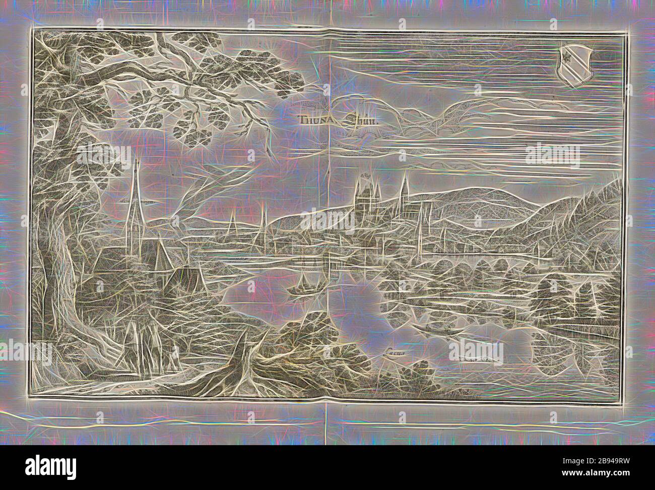 Thuna - Thun, Thun in the Canton of Berne, Fig. 18, to p. 30, Matthaeus Merian der Ältere: Topographia Helvetiae, Rhaetiae, et Valesiae: das ist, Beschreibung und eygentliche Abbildung der vornehmsten Stätte und Plätze in der hochlöblichen Eydgnossschafft, Graubündten, Wallis, und etlicher zugewandten Orthen. Franckfurt am Mayn: zum Truck verlegt von denen Merianischen Erben, im Jahr M DC LIV. [1654], Reimagined by Gibon, design of warm cheerful glowing of brightness and light rays radiance. Classic art reinvented with a modern twist. Photography inspired by futurism, embracing dynamic energy Stock Photo