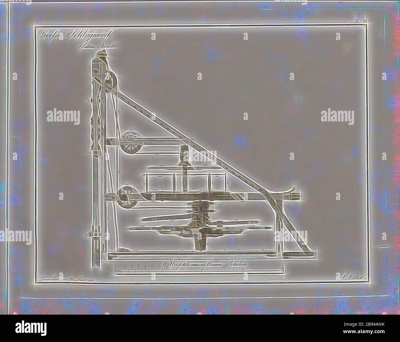 Big percussion - side view, Structure of a percussion, signed: signed by Jos., Lantz, A. Wohlfarth sc, N.II, Lántz, József (gez.), Wohlfarth, A. (sc.), József Lántz: Franzens Brücke zu Wienn. [S.l.]: [s.n.], [1805], Reimagined by Gibon, design of warm cheerful glowing of brightness and light rays radiance. Classic art reinvented with a modern twist. Photography inspired by futurism, embracing dynamic energy of modern technology, movement, speed and revolutionize culture. Stock Photo