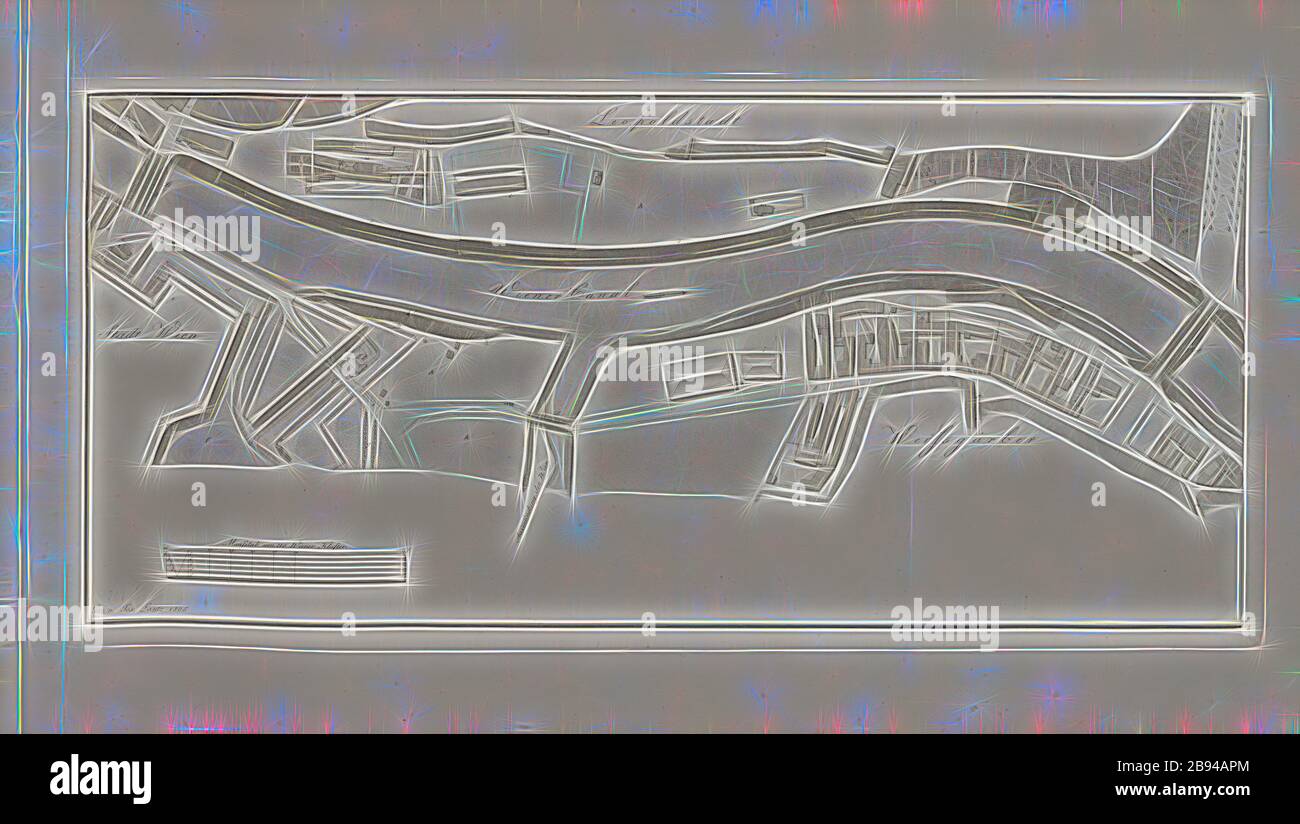 Vienna Canal at Leopoldstadt, Plan of the Danube Canal at the Weissgerbervorstadt in Vienna, signed: Gez., v, Jos, Lantz, N., XVIII, Lántz, József (gez.), József Lántz: Franzens Brücke zu Wienn. [S.l.]: [s.n.], [1805], Reimagined by Gibon, design of warm cheerful glowing of brightness and light rays radiance. Classic art reinvented with a modern twist. Photography inspired by futurism, embracing dynamic energy of modern technology, movement, speed and revolutionize culture. Stock Photo