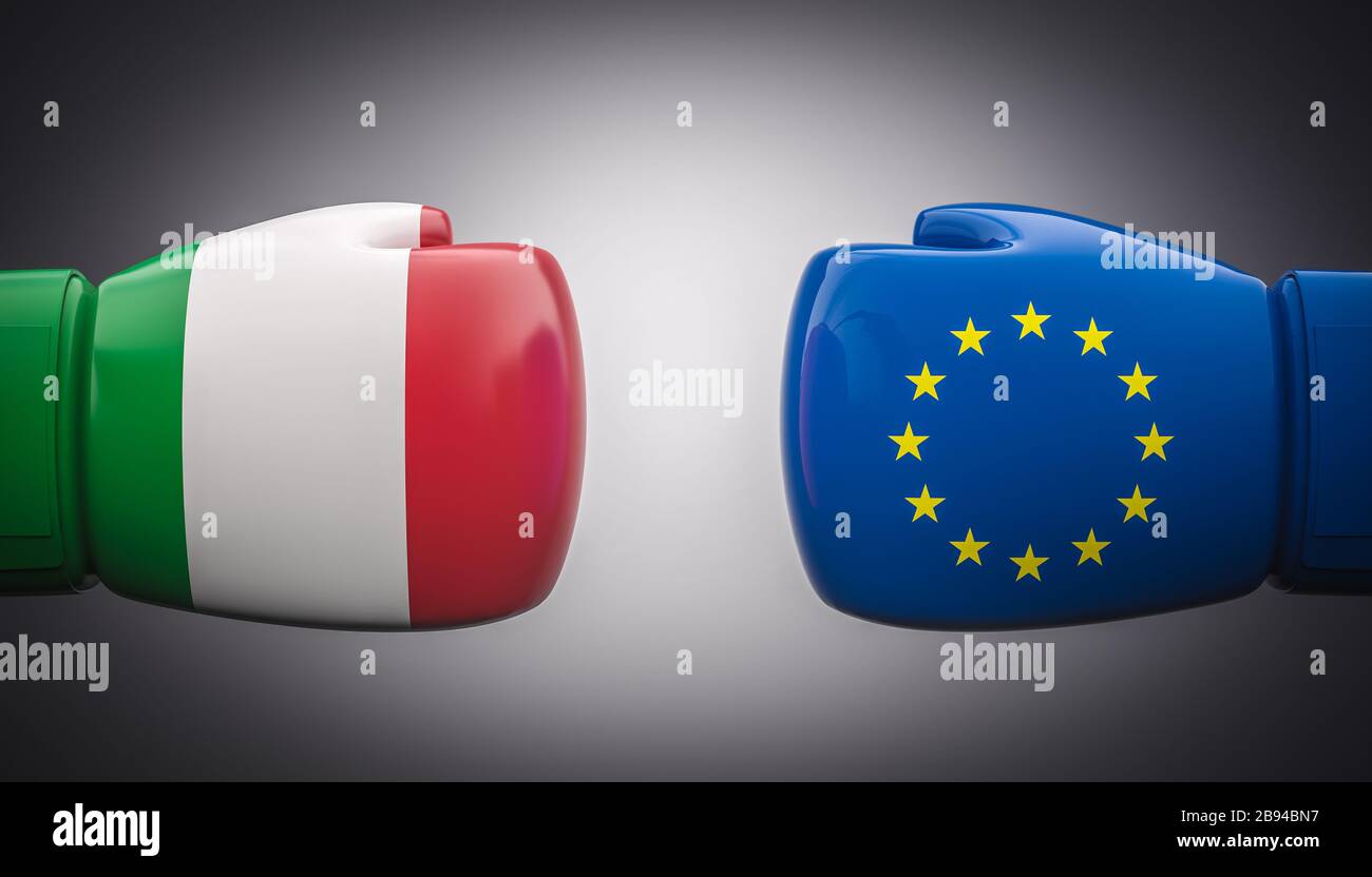 boxing gloves with flags of italy and europe. Conflict concept, exit from euro and europe. Italy exit. 3d render. Stock Photo